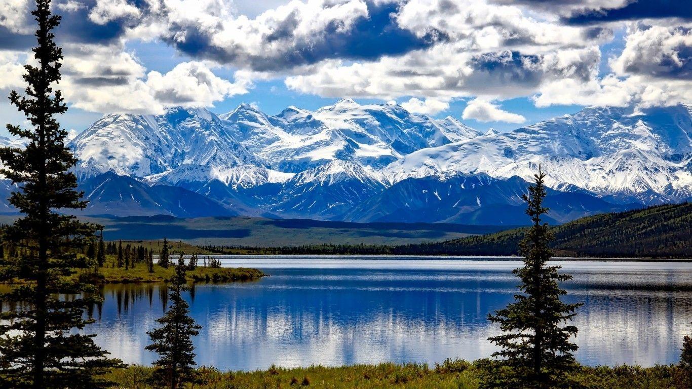 1366x768 Download 1366x768 Mountains, Snow, Lake, Denali National Park, Alaska, Clouds, Trees Wallpaper for Laptop, Notebook