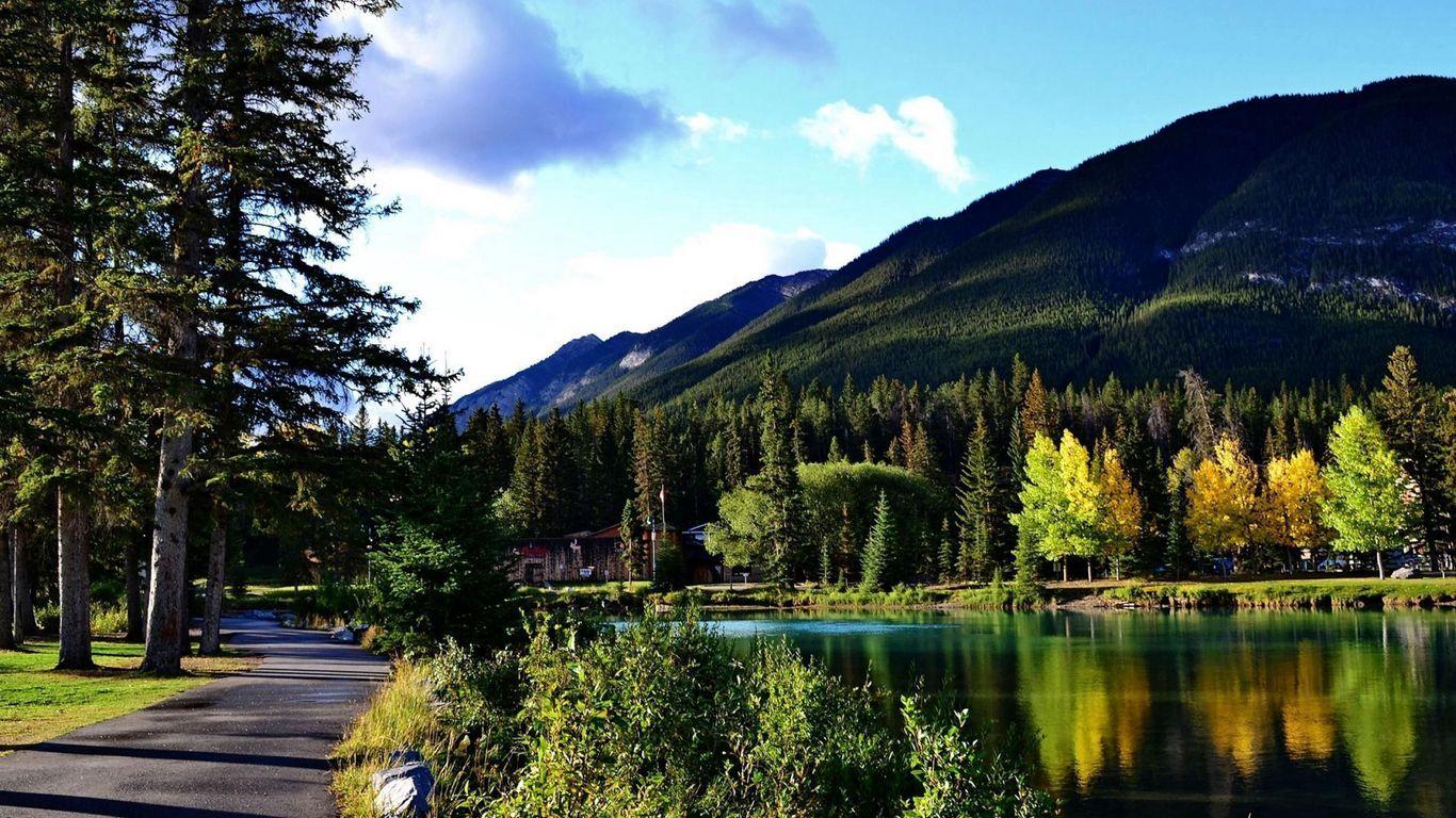 1366x768 Download wallpaper 1366x768 canada, banff national park, nature, river tablet, laptop HD background