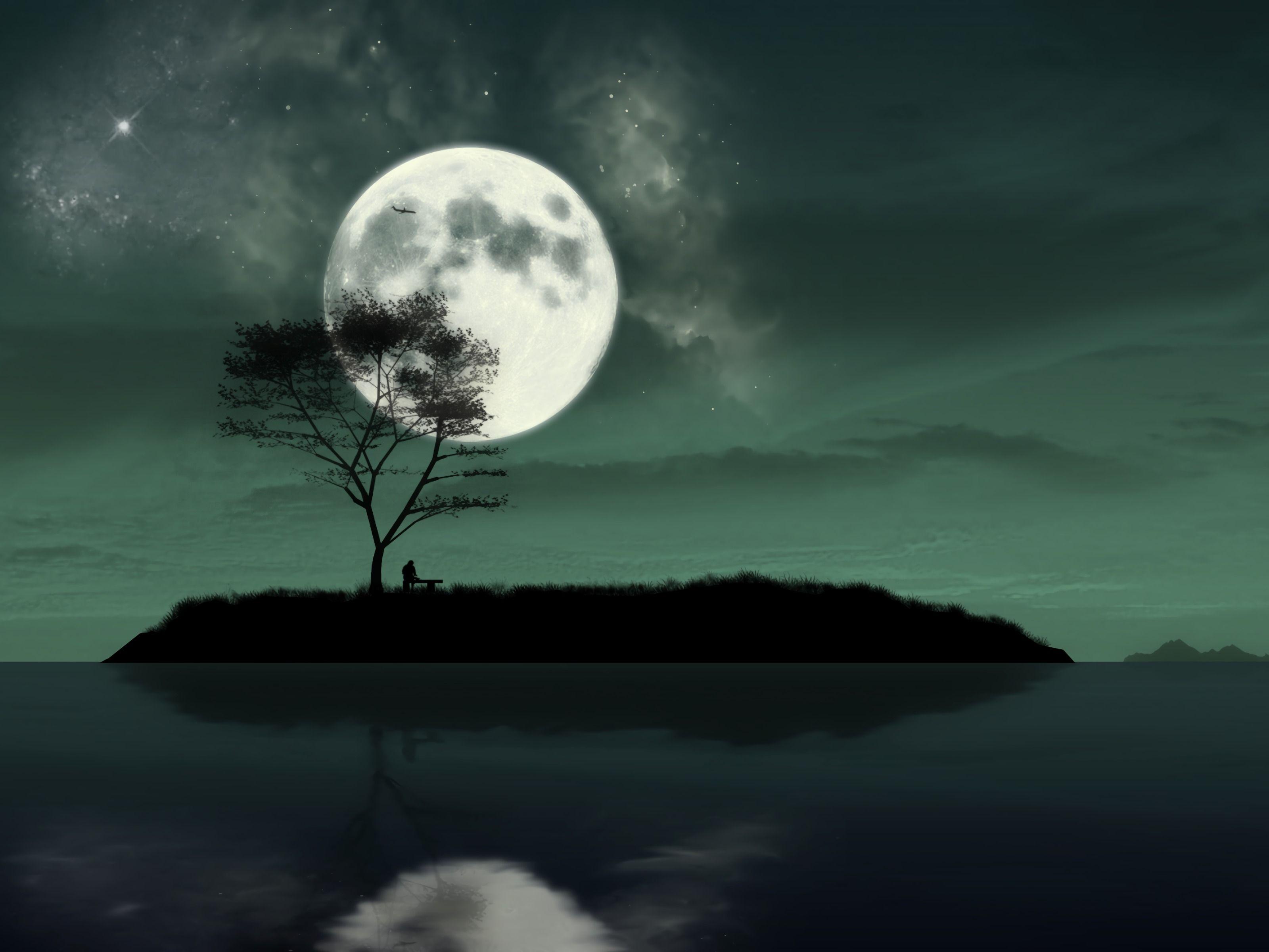 3200x2400 Download wallpaper 3200x2400 island, night, moon, silhouette, loneliness, art HD background