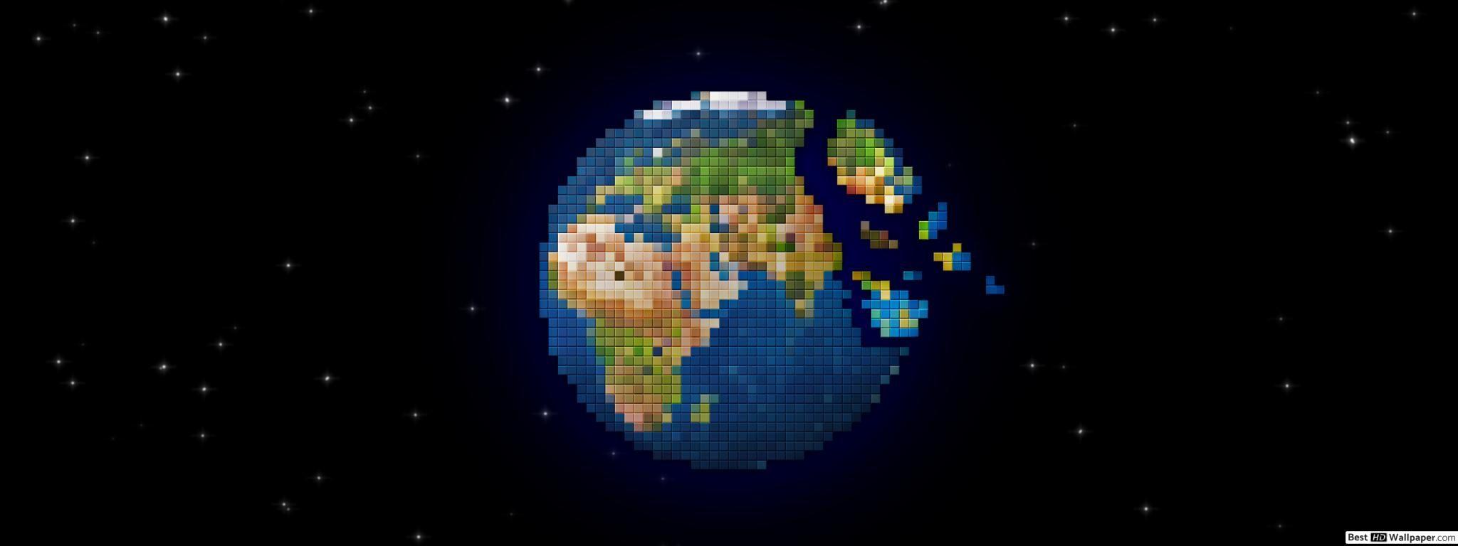 2048x768 Pixelated Earth HD wallpaper download