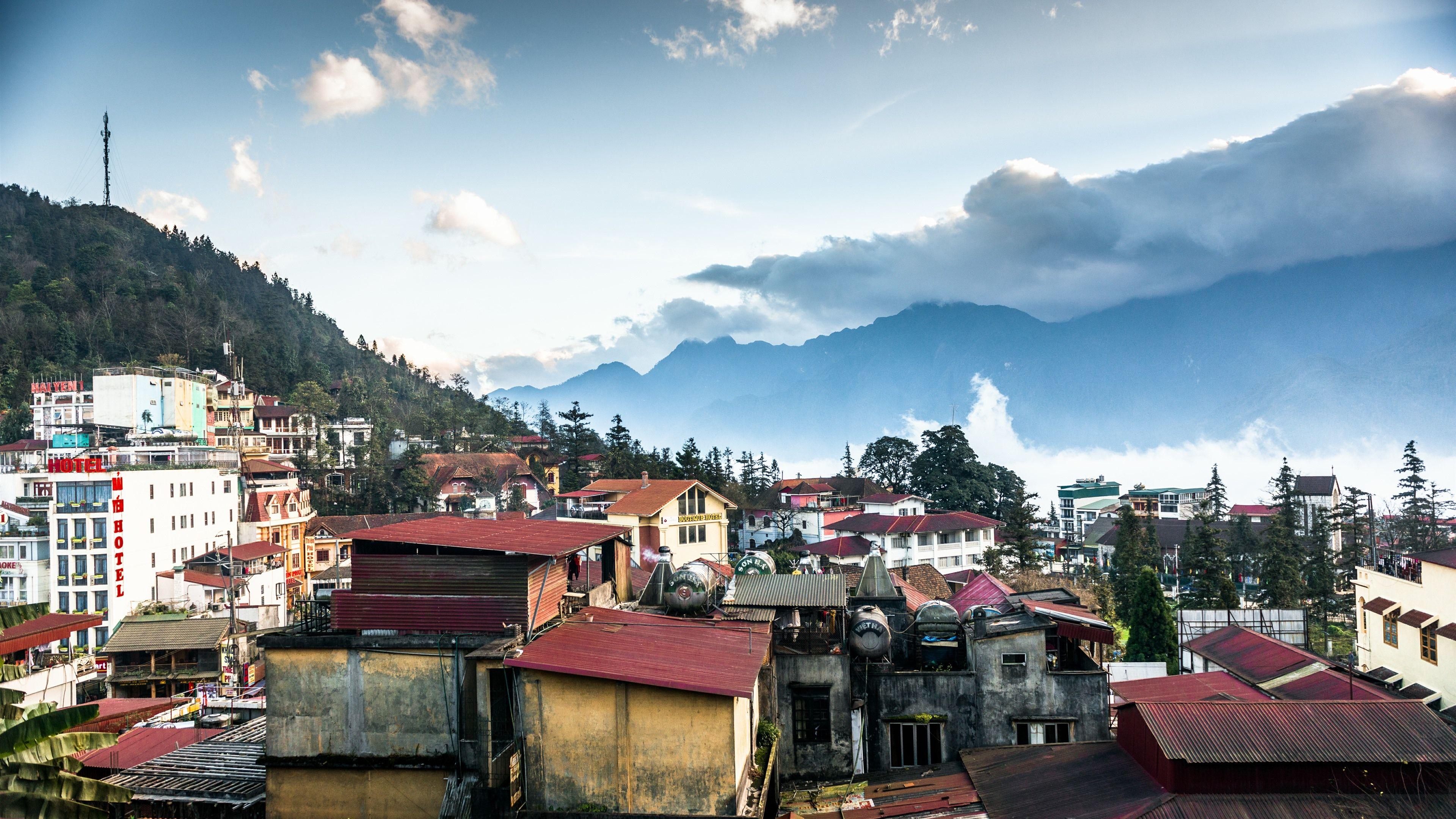 3840x2160 Vietnam, Mountains, Houses, Clouds, Sunset 1242x2688 IPhone 11 Pro XS Max Wallpaper, Background, Picture, Image
