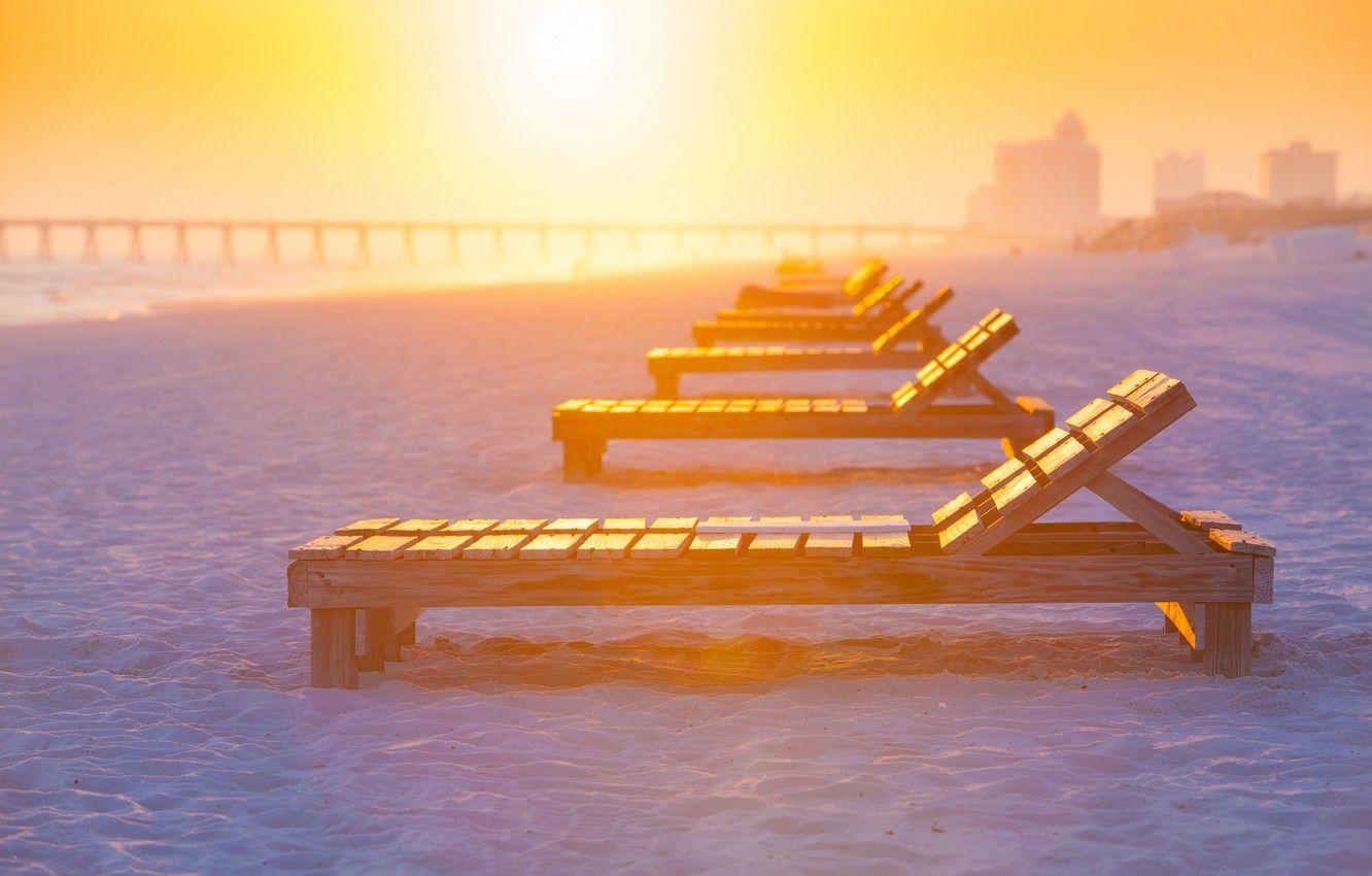 1332x850 Wallpaper beach, summer, sun loungers, sunlight, Florida, Pensacola Beach image for desktop, section разное