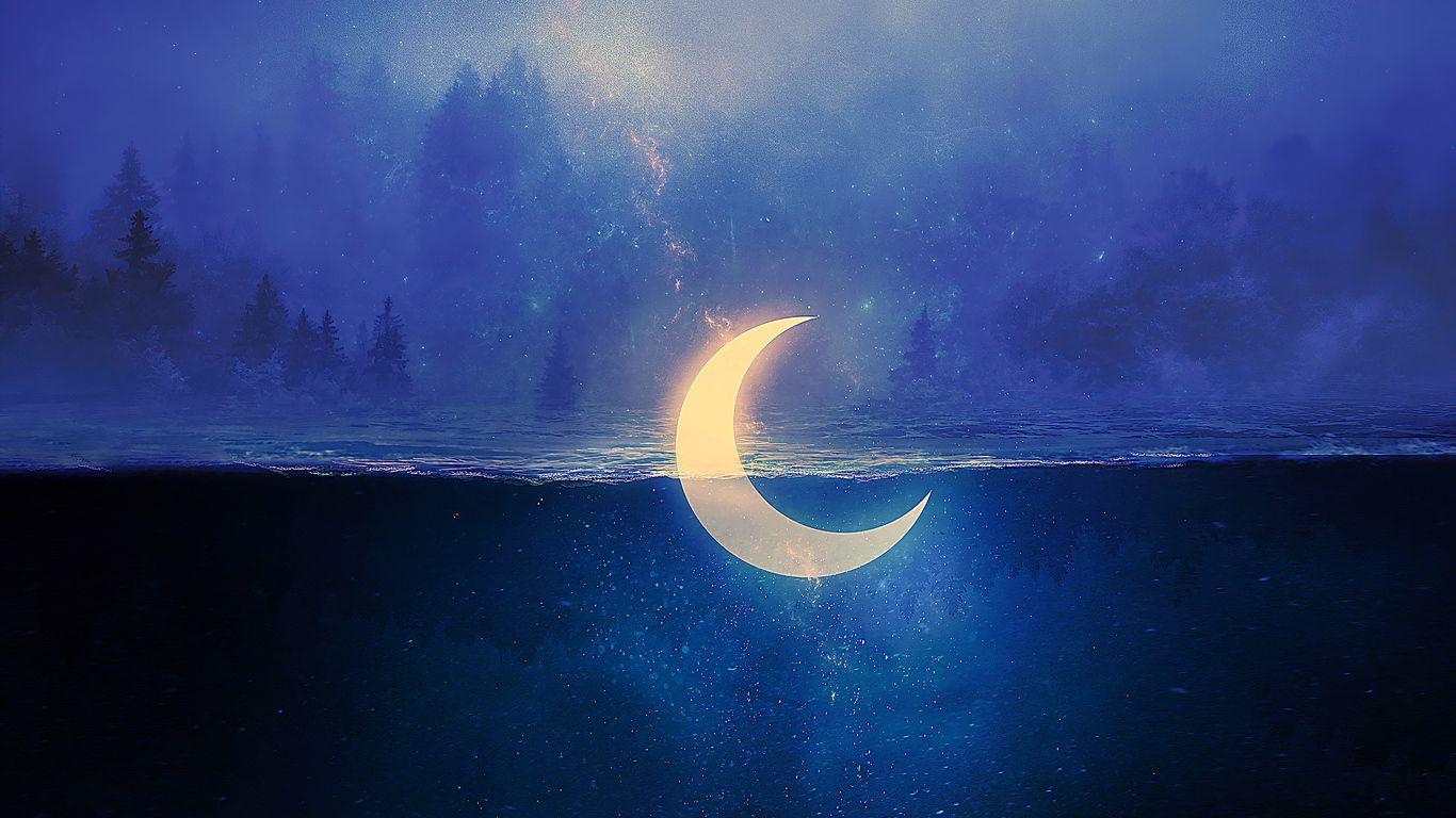 1366x768 Sinking Moon In Lake 1366x768 Resolution HD 4k Wallpaper, Image, Background, Photo and Picture
