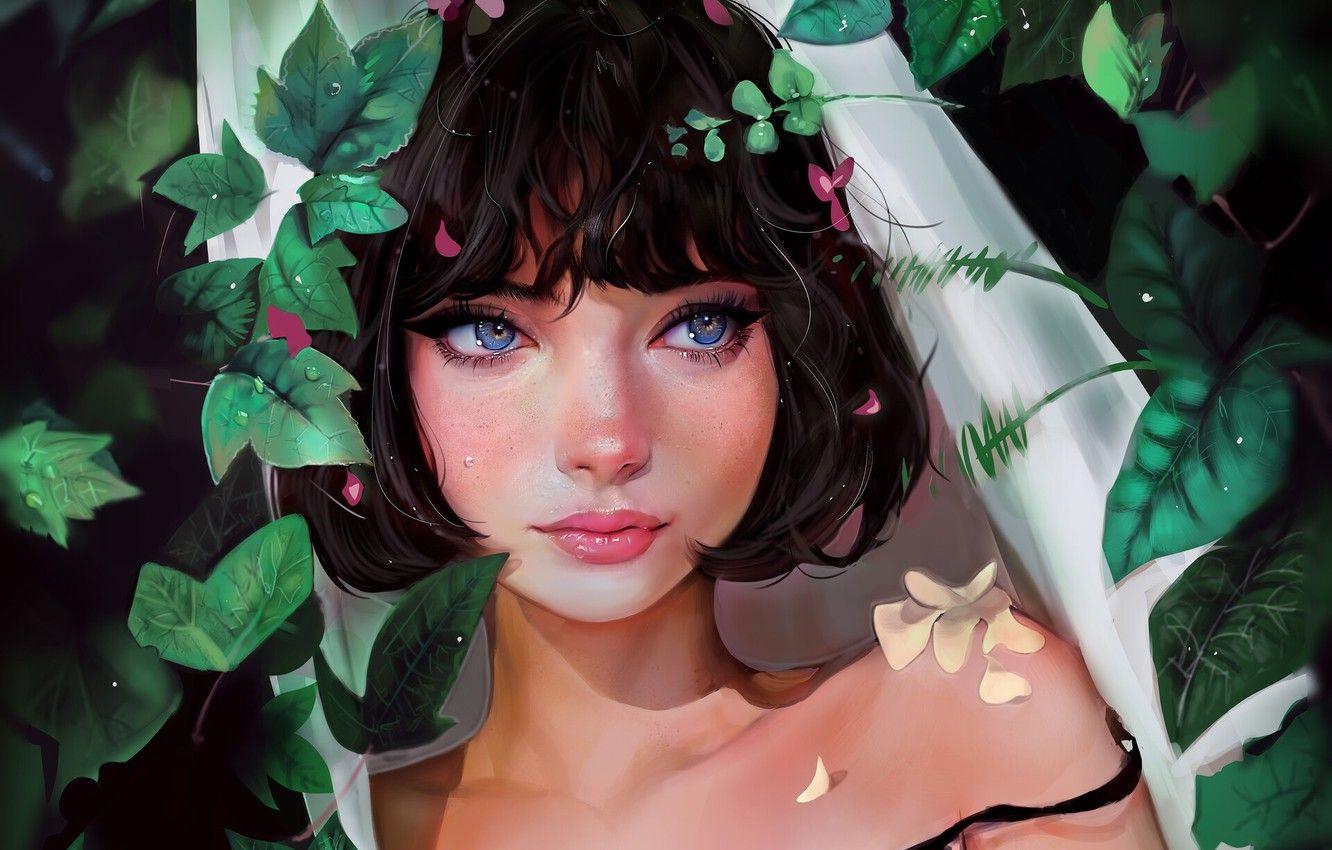 1332x850 Wallpaper Girl, Leaves, Style, Face, Girl, Eyes, Portrait, Brunette, Art, Beautiful, Art, Beauty, Style, Beauty, Eyes, Beautiful image for desktop, section арт