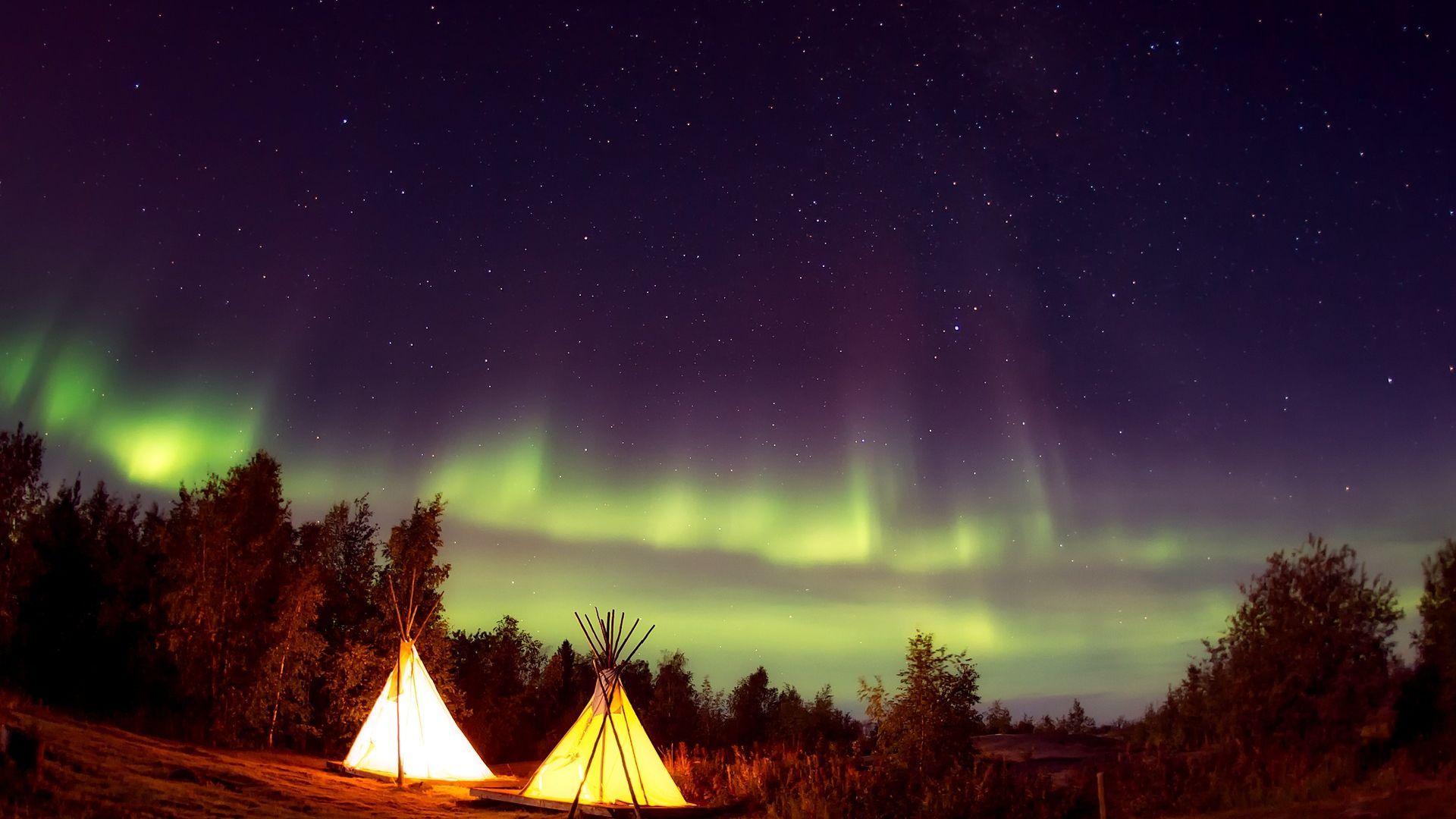 1920x1080 Forest Camp and Aurora HD Wallpaper