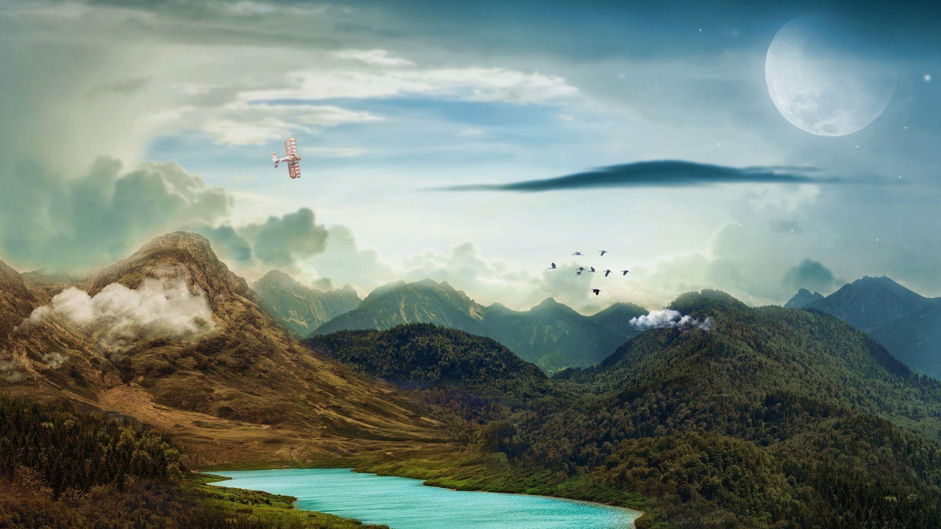 1920x1080 Desktop wallpaper landscape, mountains, moon, lake, fantasy, HD image, picture, background, ca8643