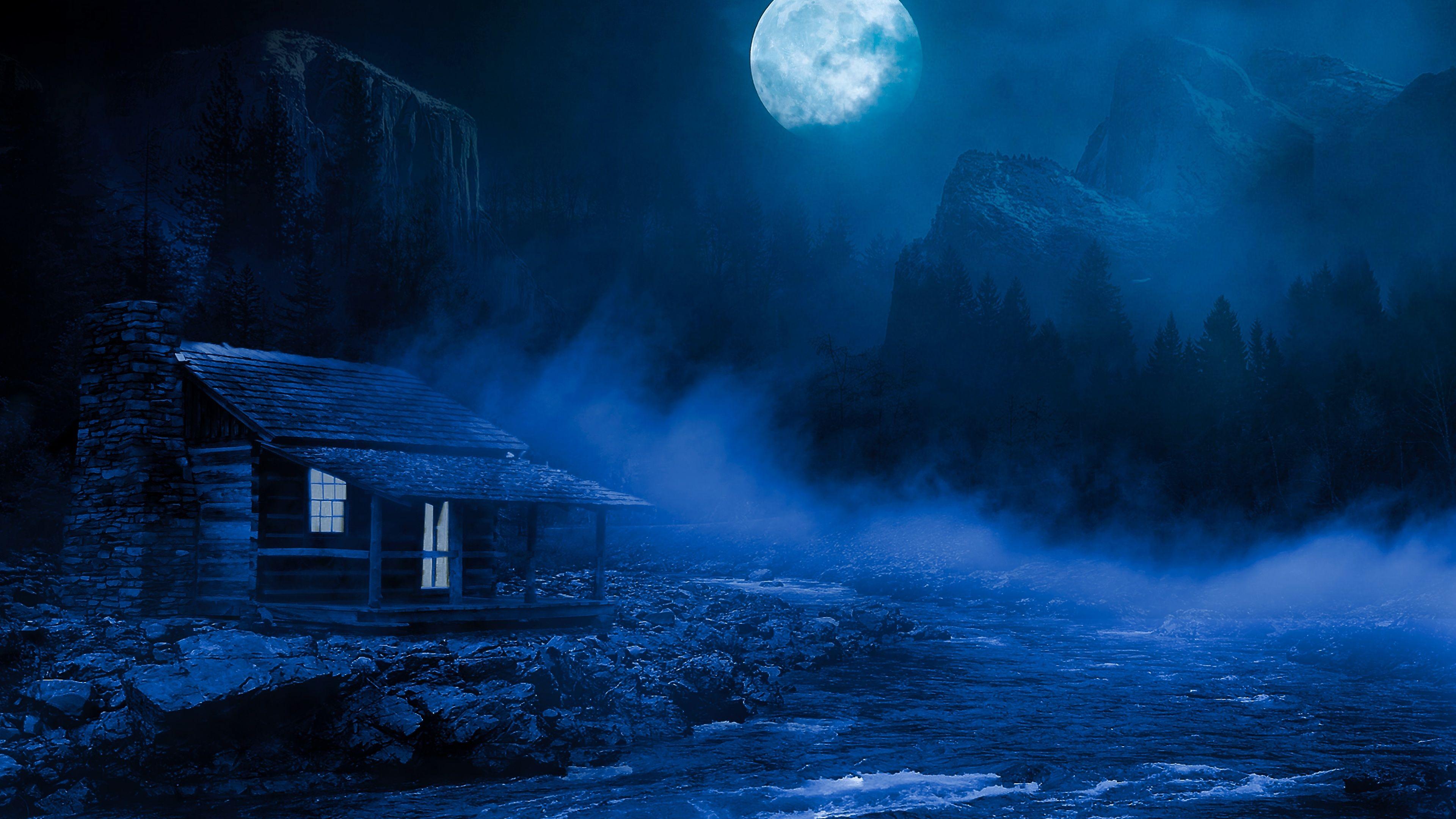 3840x2160 Wallpaper 4k House Night Full Moon Fantasy Lake Flowing On Side 5k 4k Wallpaper, 5k Wallpaper, Artist Wallpaper, Artwork Wallpaper, Digital Art Wallpaper, Fantasy Wallpaper, Hd Wallpaper, House Wallpaper, Lake Wallpaper, Moon Wallpaper