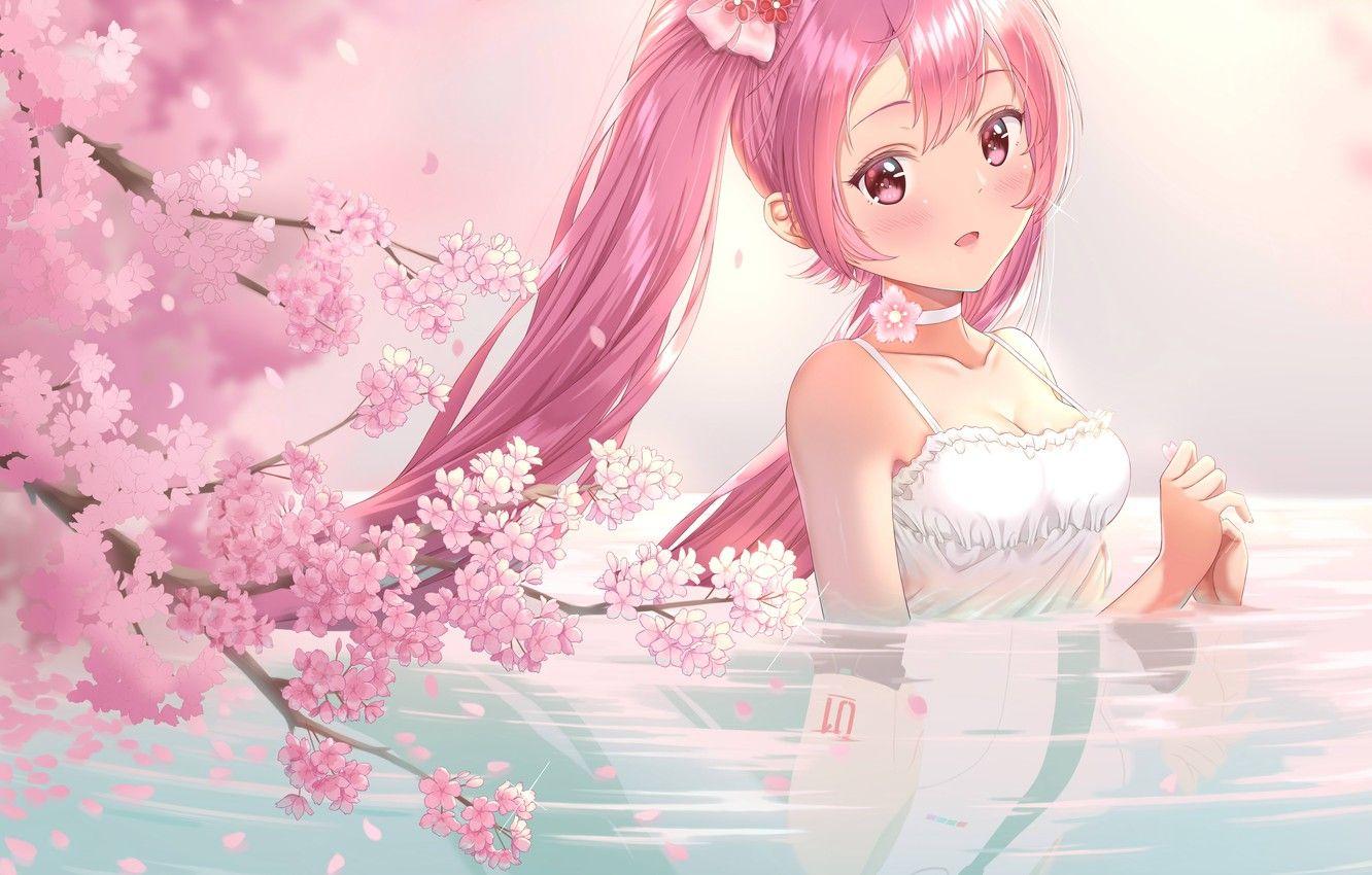 1332x850 Wallpaper water, girl, lake, spring, Sakura, Hatsune Miku, pink hair, Sakura, Mike image for desktop, section прочее