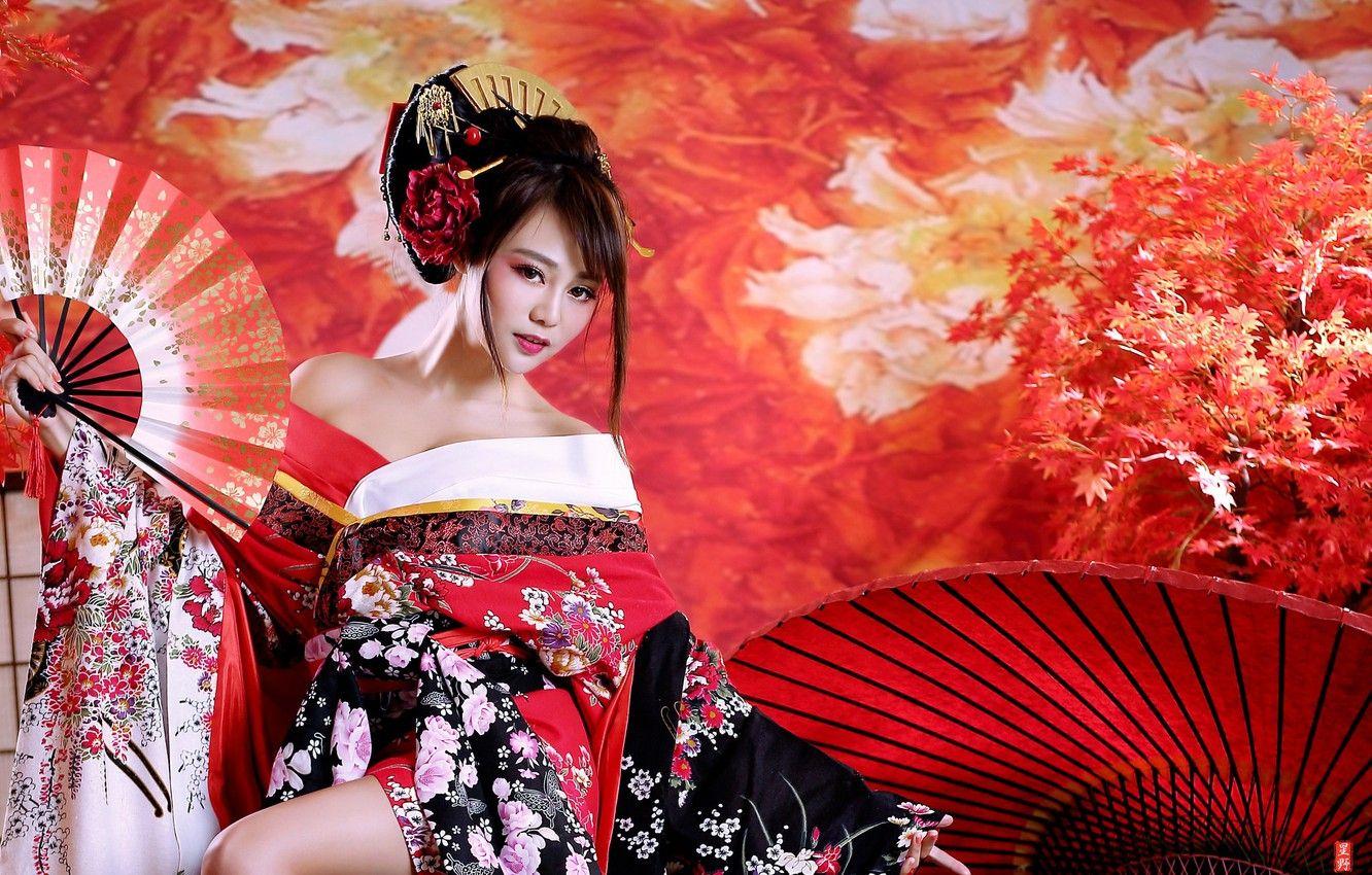 1332x850 Wallpaper girl, fan, geisha, kimono, Asian image for desktop, section девушки