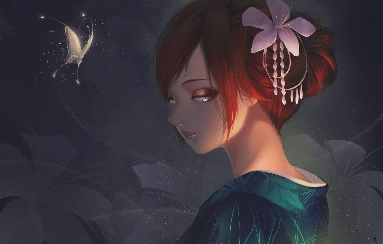 1332x850 Wallpaper look, girl, flowers, butterfly, anime, art, geisha image for desktop, section прочее
