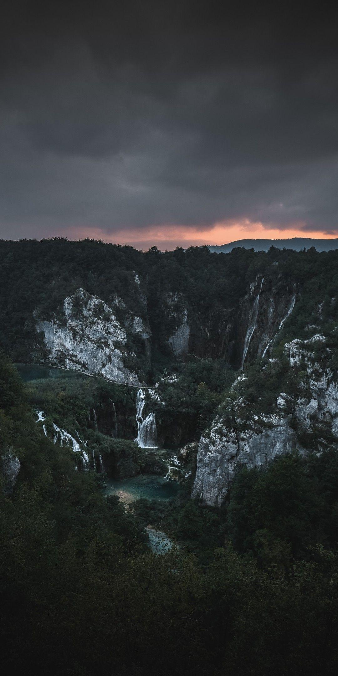 1080x2160 Download 1080x2160 Waterfall, Dark Weather, Aerial View, Trees Wallpaper for Huawei Mate 10