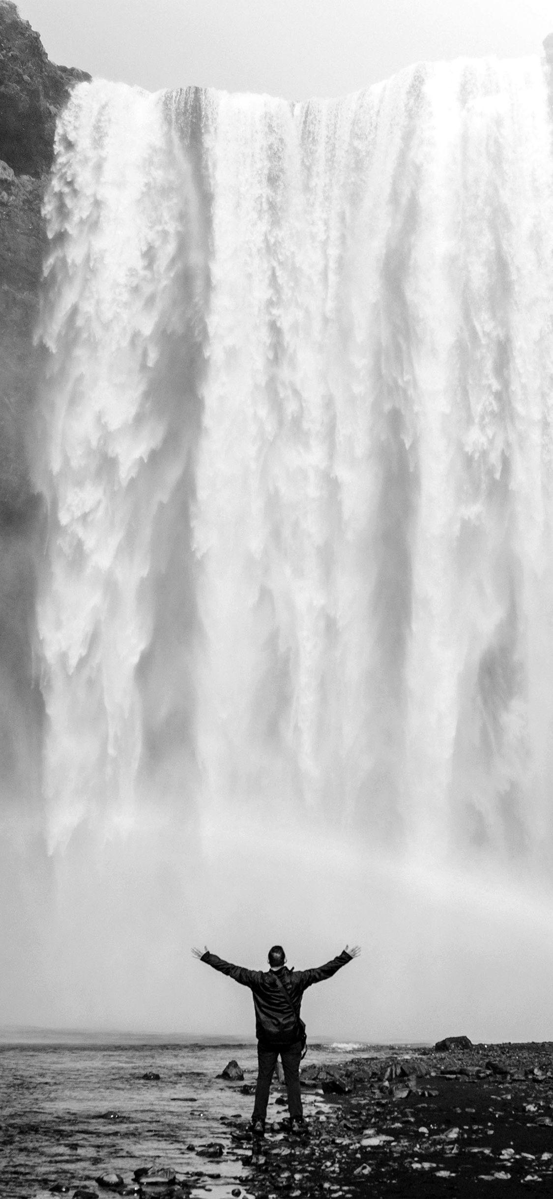 1125x2436 Waterfall Rainbow Nature Mountain Bw Dark Wallpaper