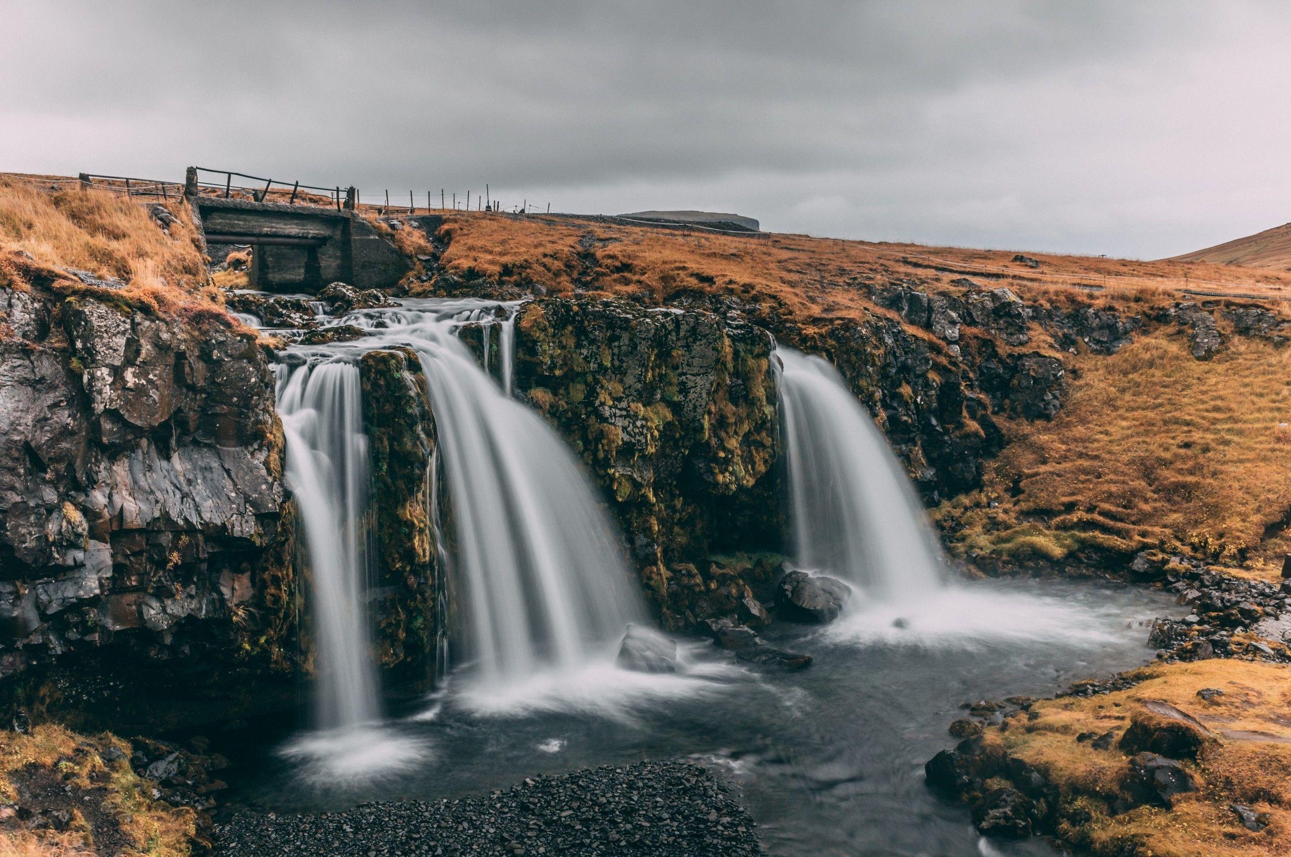 2560x1700 Download 2560x1700 Waterfall, Autumn, Canyon, Water, Rocks, Dark Weather, Bridge, Long Exposure Wallpaper for Chromebook Pixel