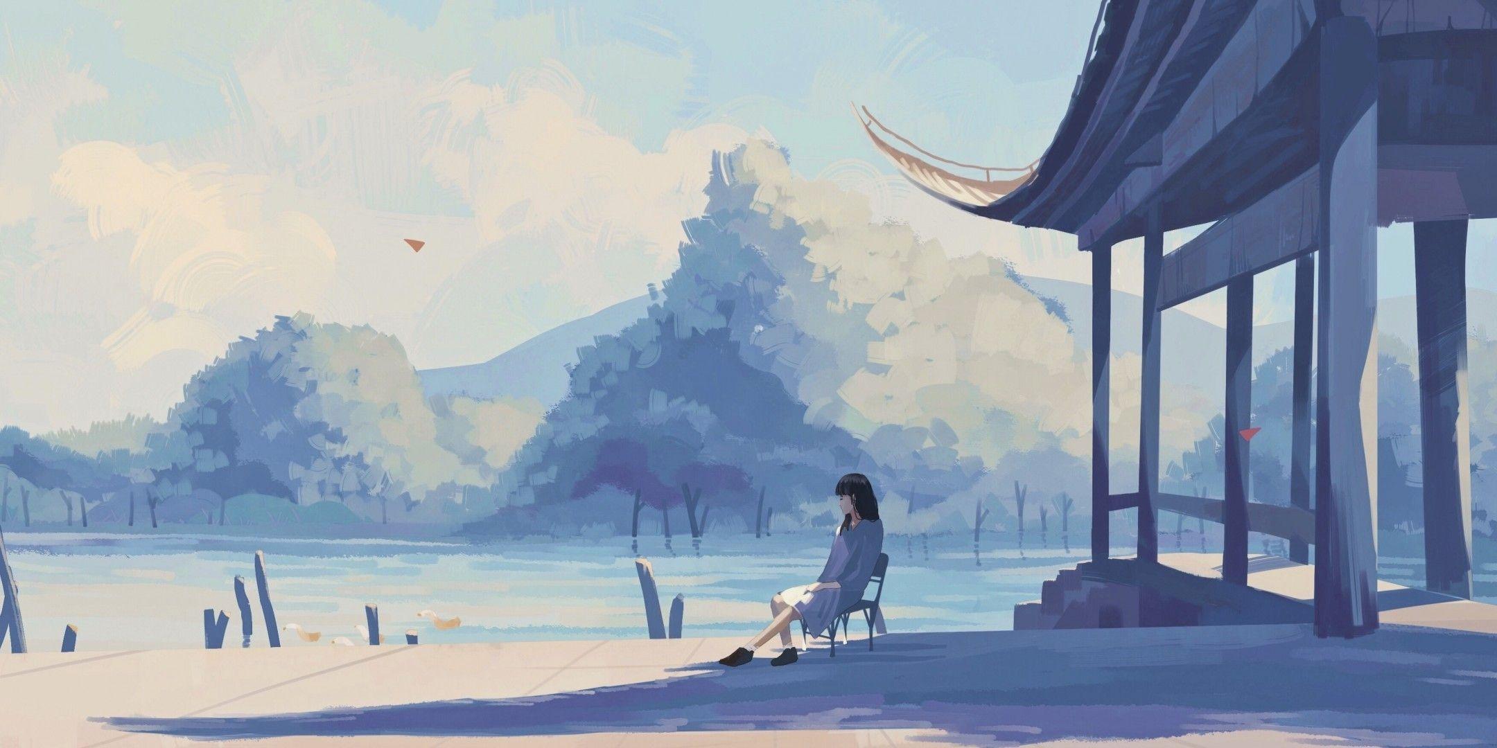 2160x1080 Download 2160x1080 Lonely Anime Girl, Lake, Pastel Colors, Shadow Wallpaper