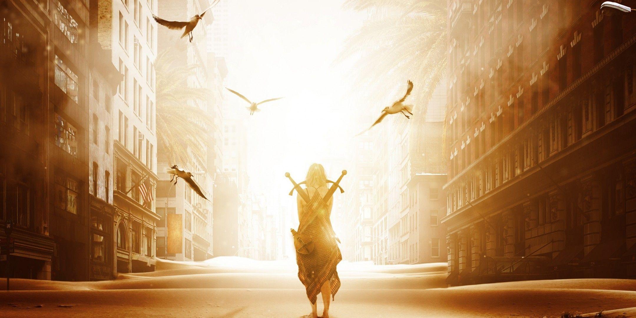2160x1080 Download 2160x1080 Fantasy Girl, New York, Walking Alone, Swords Wallpaper