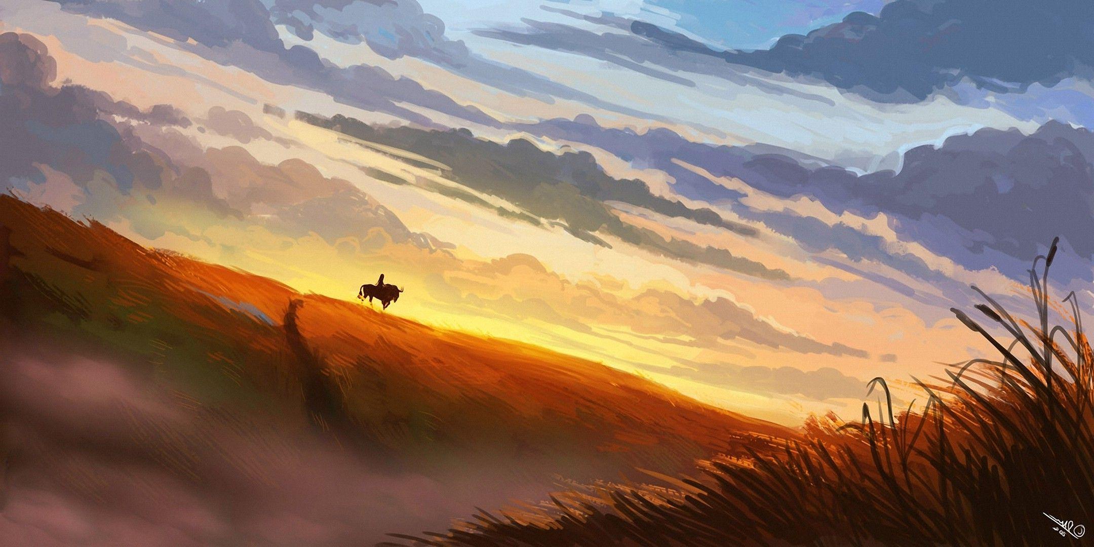 2160x1080 artwork, Digital Art, Clouds, Field, Nature, Landscape, Sunset Wallpaper HD / Desktop and Mobile Background