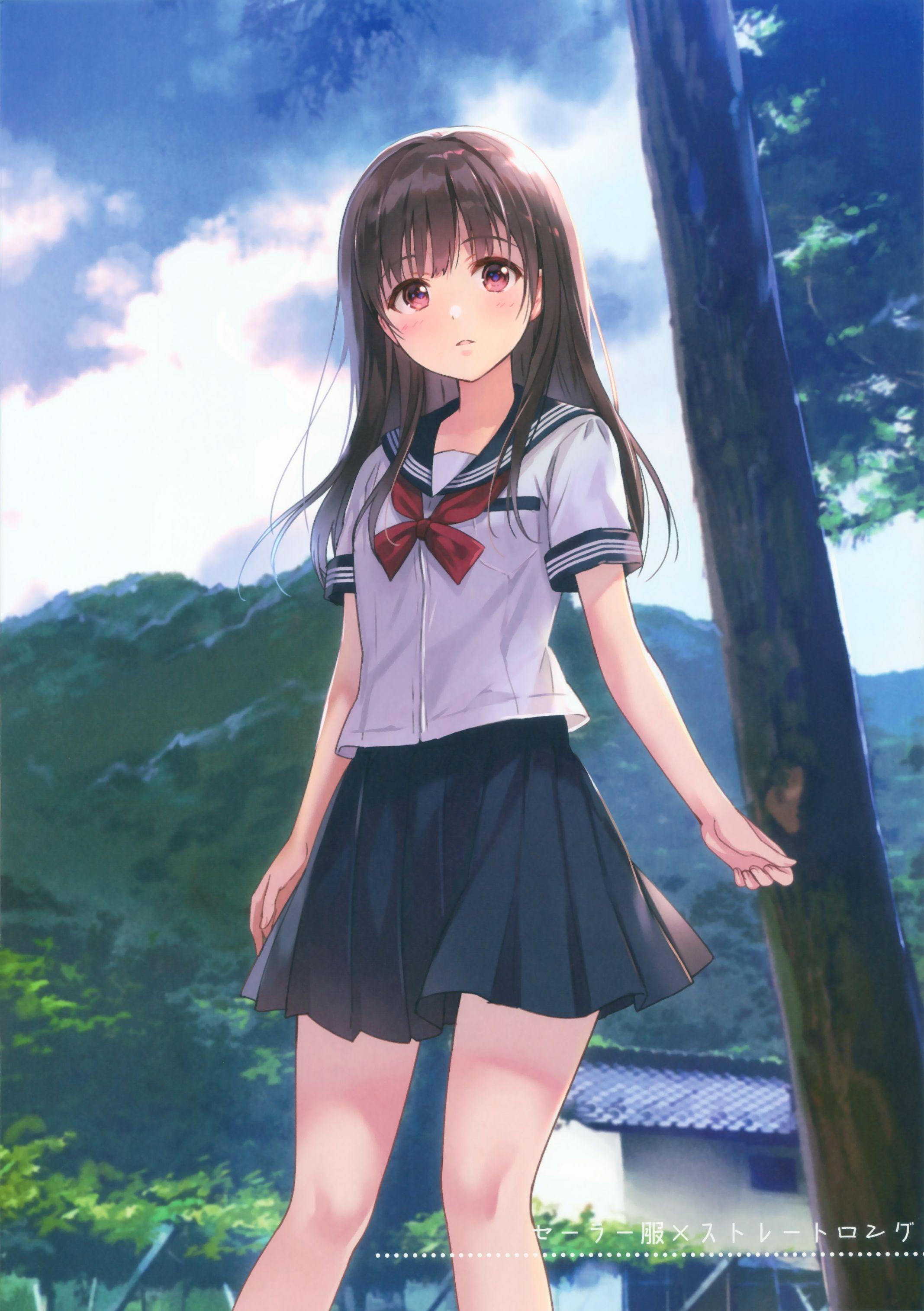 2135x3029 Download 2135x3029 Anime Girl, Brown Hair, School Uniform, Sky, Clouds Wallpaper