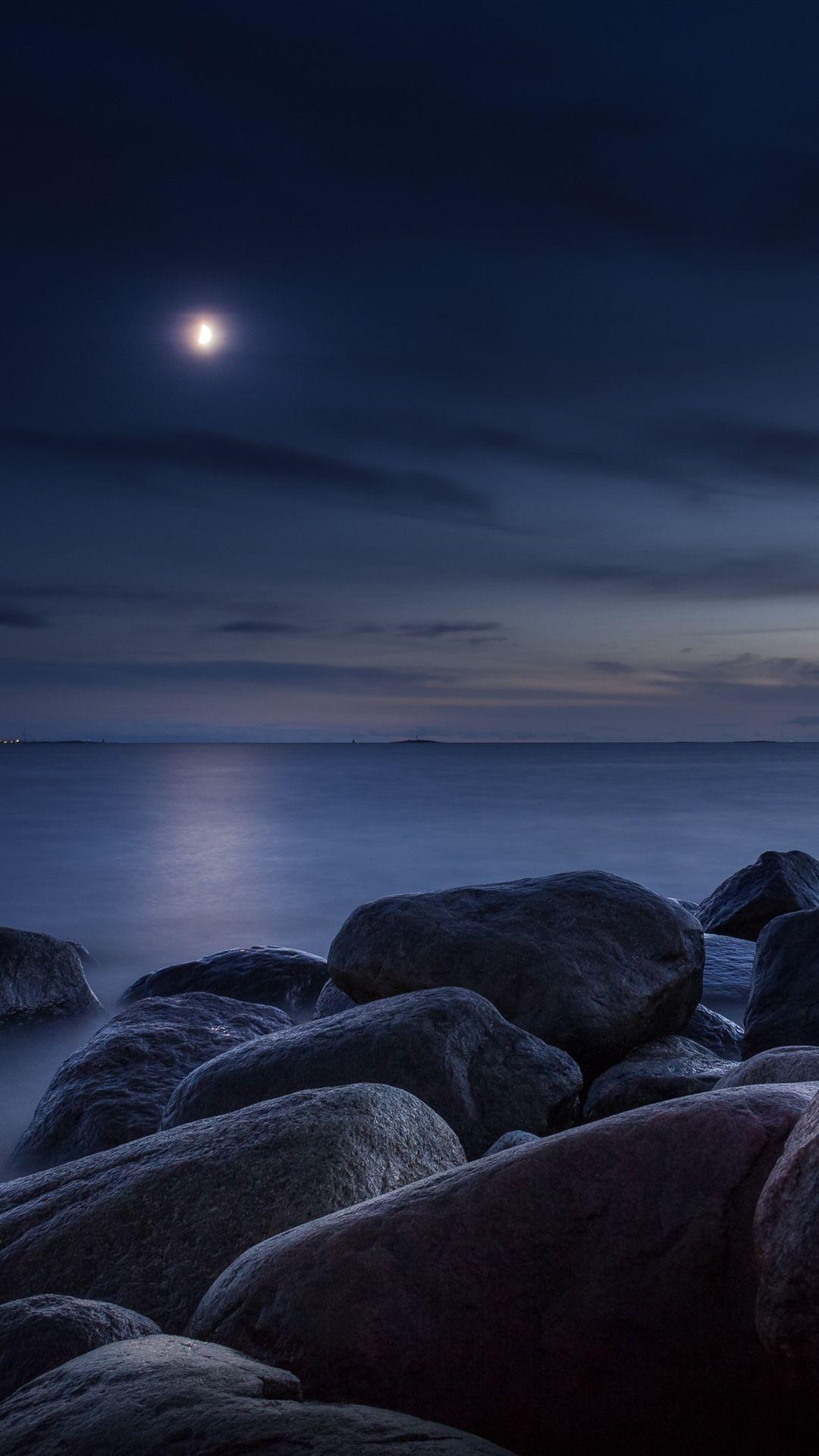 1080x1920 Wallpaper Stones, sea, moon, night 5120x2880 UHD 5K Picture, Image