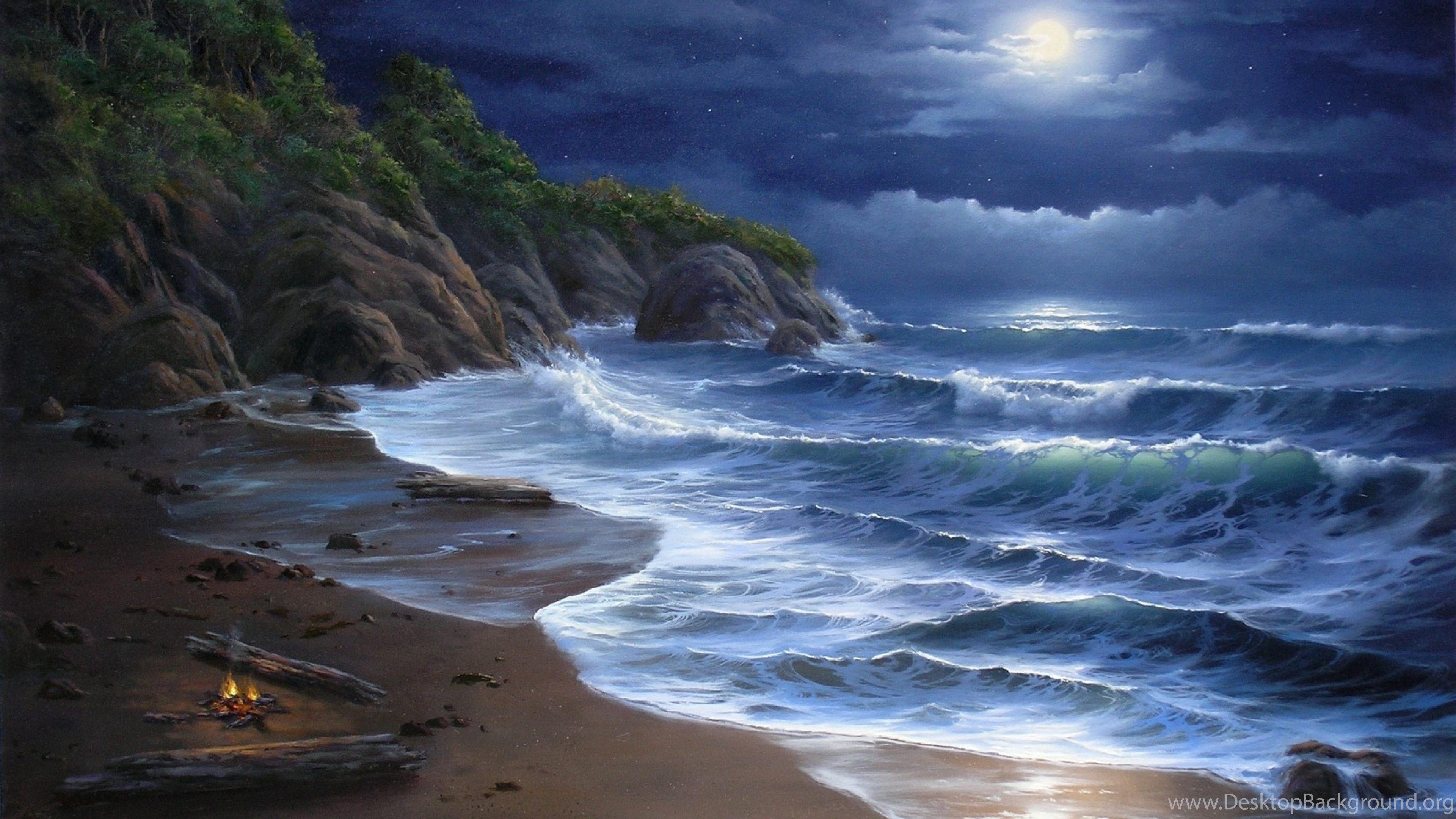 3840x2160 Moon Night Sea Waves Beach Wallpaper HD Wallpaper & 4K. Desktop Background