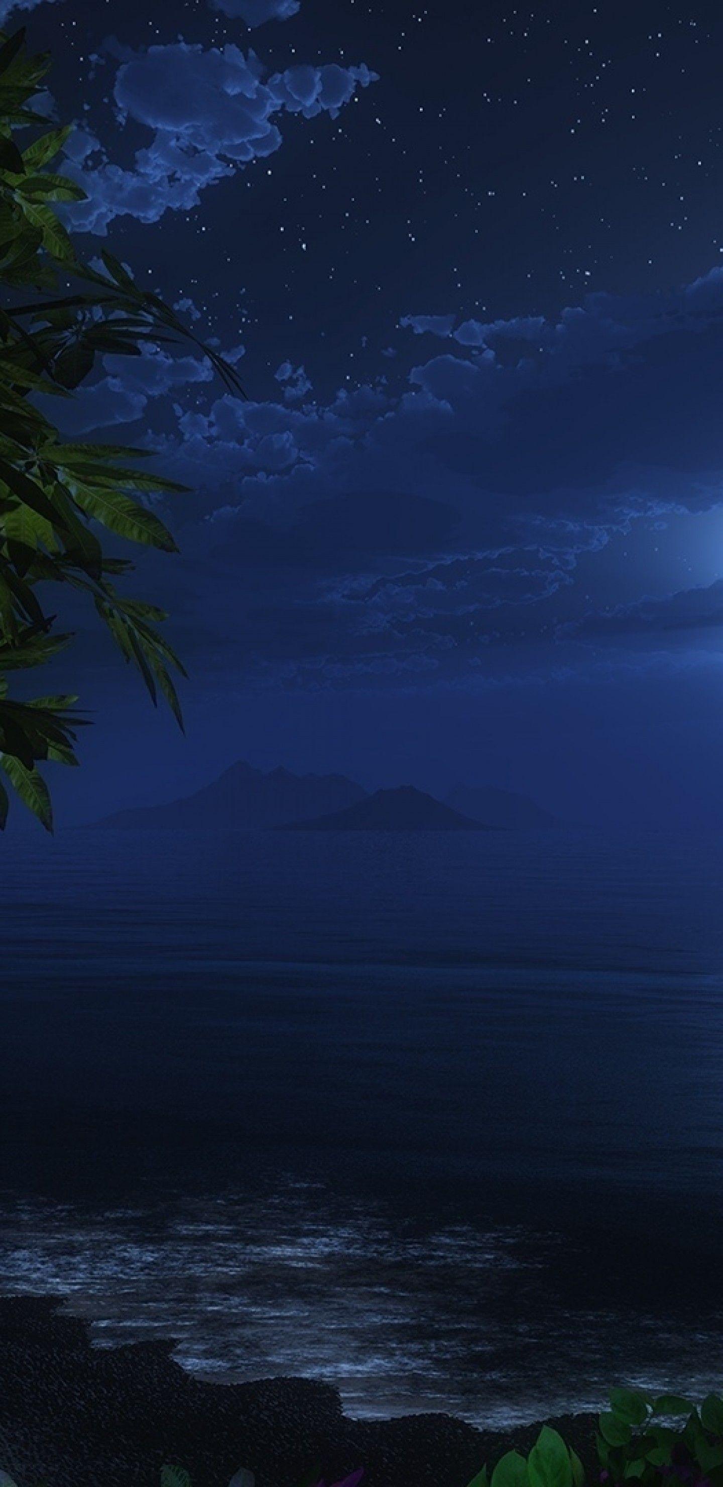 1440x2960 Download 1440x2960 Night, Ocean, Moon, Stars, Waves, Plants, Clouds, Artwork Wallpaper for Samsung Galaxy S Note S S8+, Google Pixel 3 XL