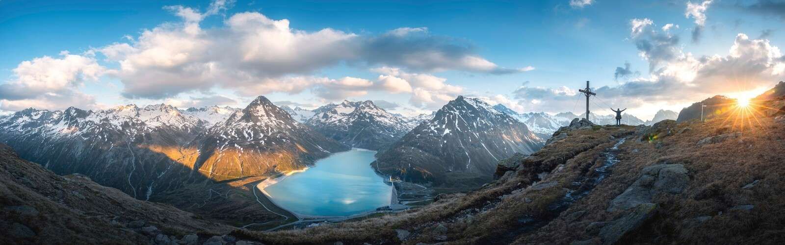 1600x500 Wallpaper Mural over alpine lake at sunset