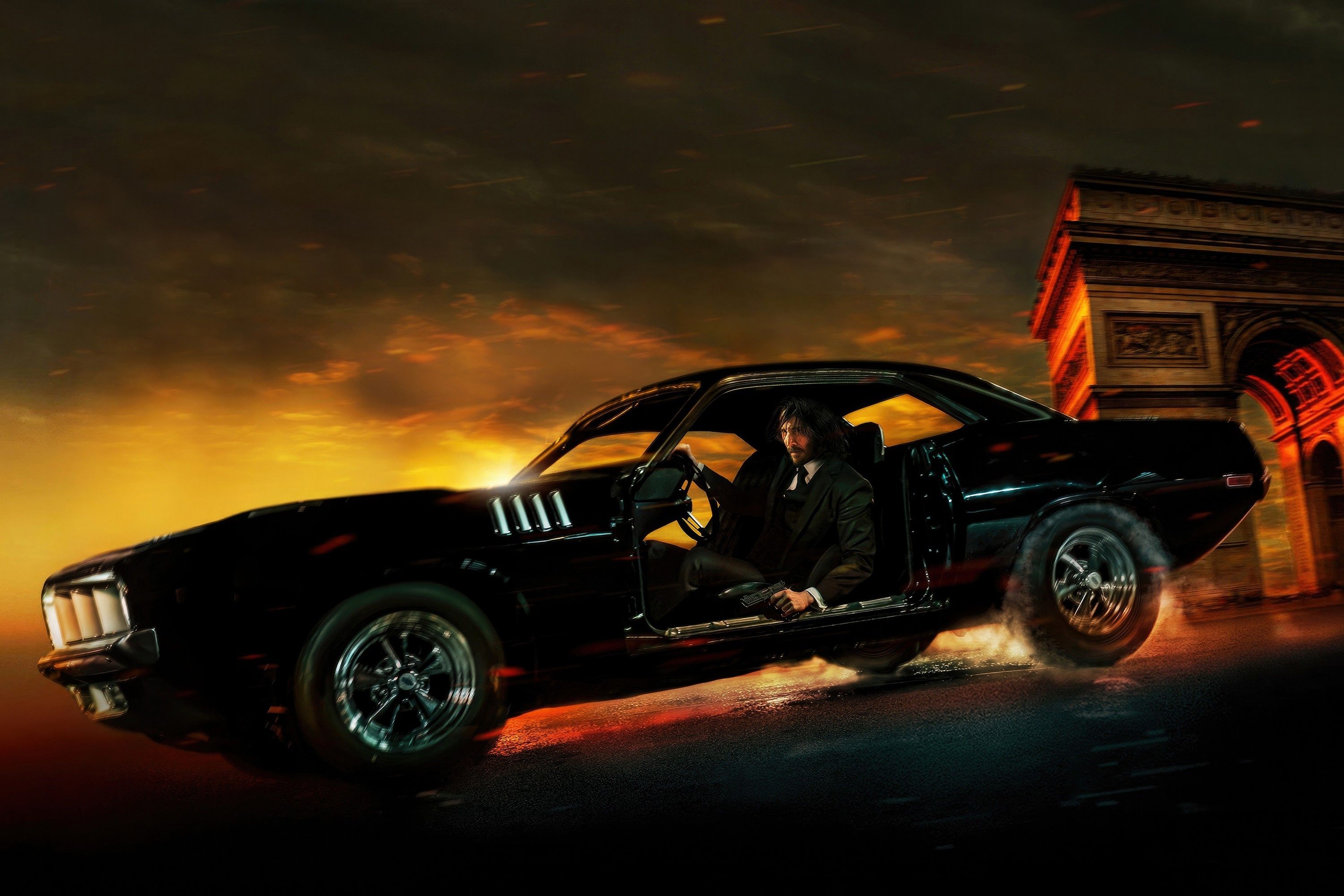 3000x2000 Wallpaper auto, poster, Keanu Reeves, Keanu Reeves, Plymouth cuda, Plymouth Barracuda, John Wick: Chapter John Wick 4 for mobile and desktop, section фильмы, resolution 3000x2000