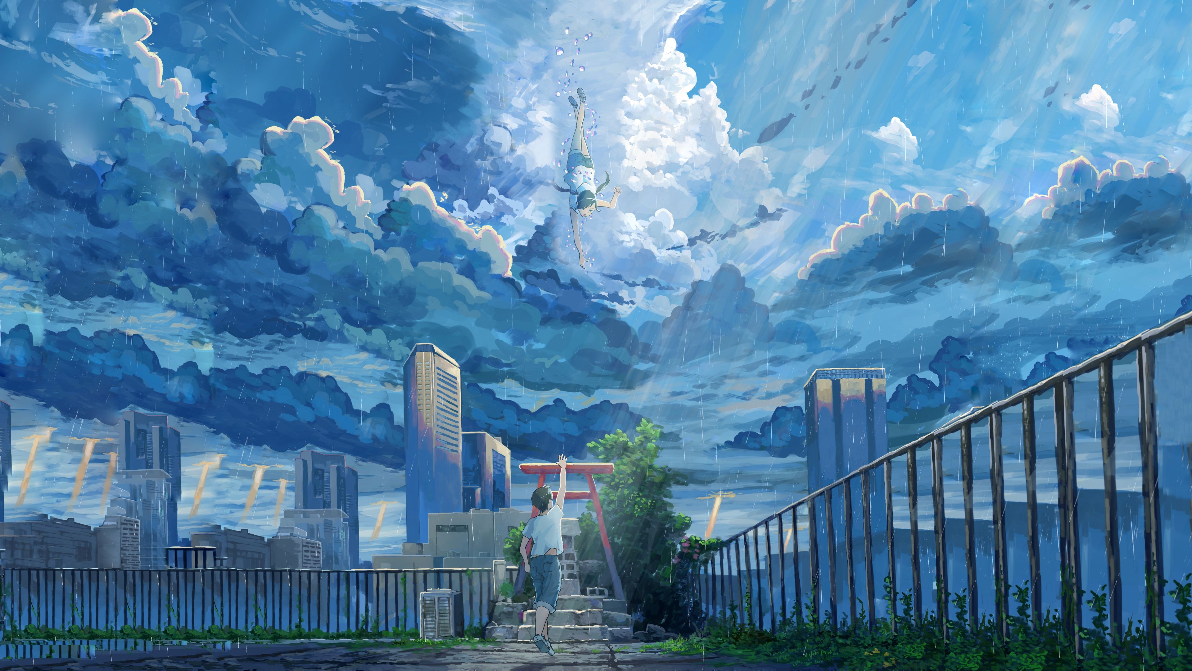 3840x2160 Wallpaper girl, clouds, the city, guy, Hina Amano, Hodaka Morishima, Child Of The Weather, Tenki no Ko for mobile and desktop, section сёдзё, resolution 3840x2160
