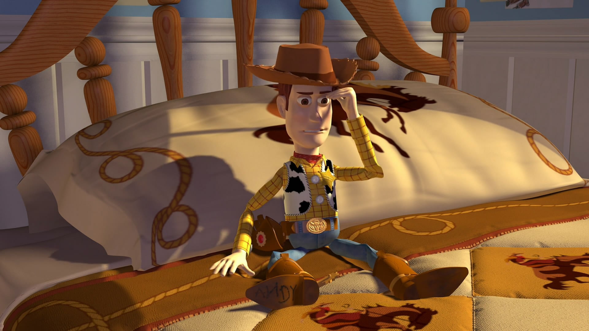 1920x1080 Woody from Toy Story sitting on white and brown bed HD wallpaper