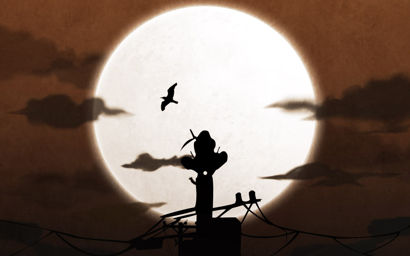 1600x1000 Figure silhouette sitting on top of utility post overlooking fullmoon wallpaper HD wallpaper