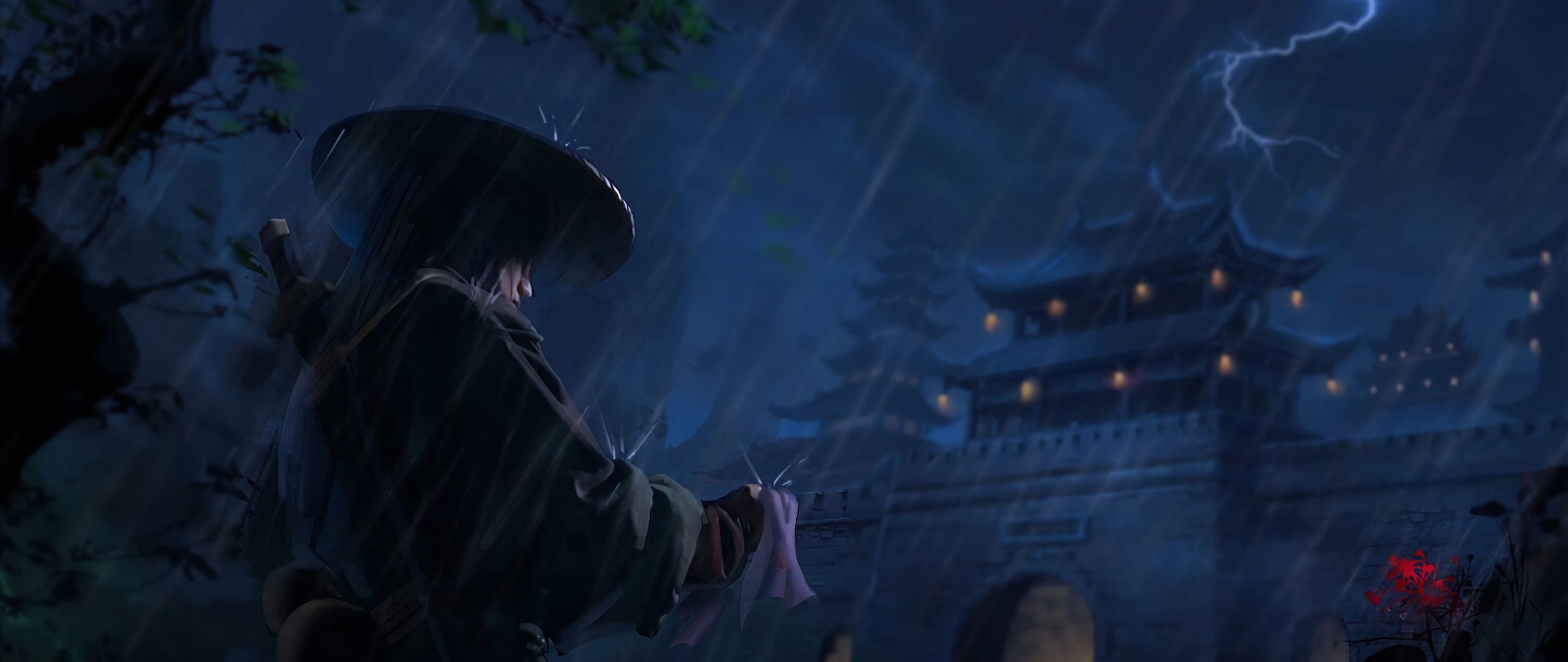2560x1080 Download wallpaper 2560x1080 samurai, warrior, katana, rain, art, dark dual wide 1080p HD background