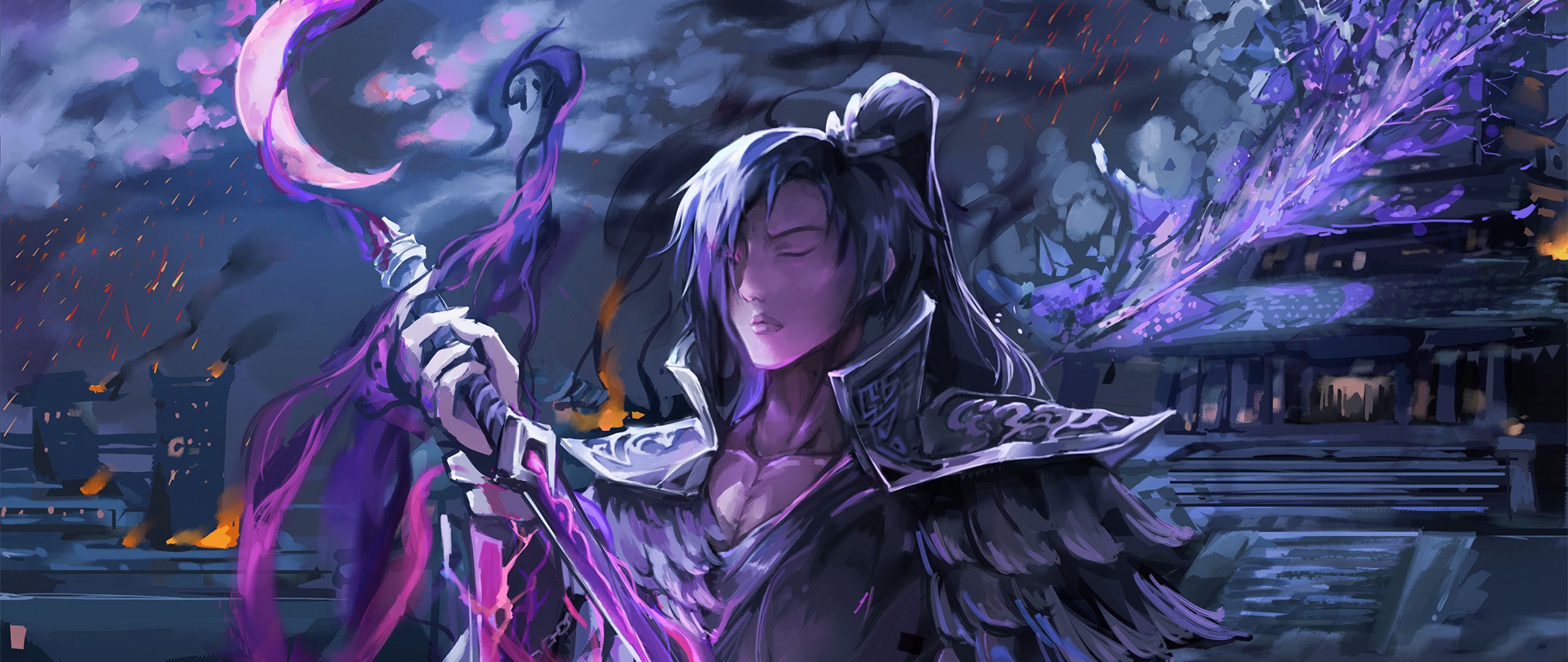 2560x1080 Download wallpaper 2560x1080 samurai, staff, anime, art, purple dual wide 1080p HD background