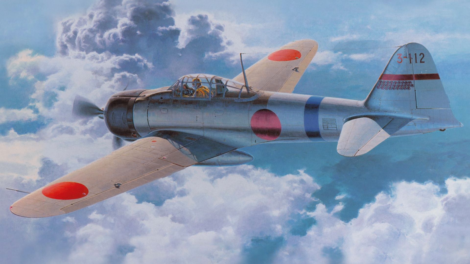 1920x1080 Wallpaper war, WW Zero, A6M, japanese aircraft, painting art for mobile and desktop, section авиация, resolution 1920x1080