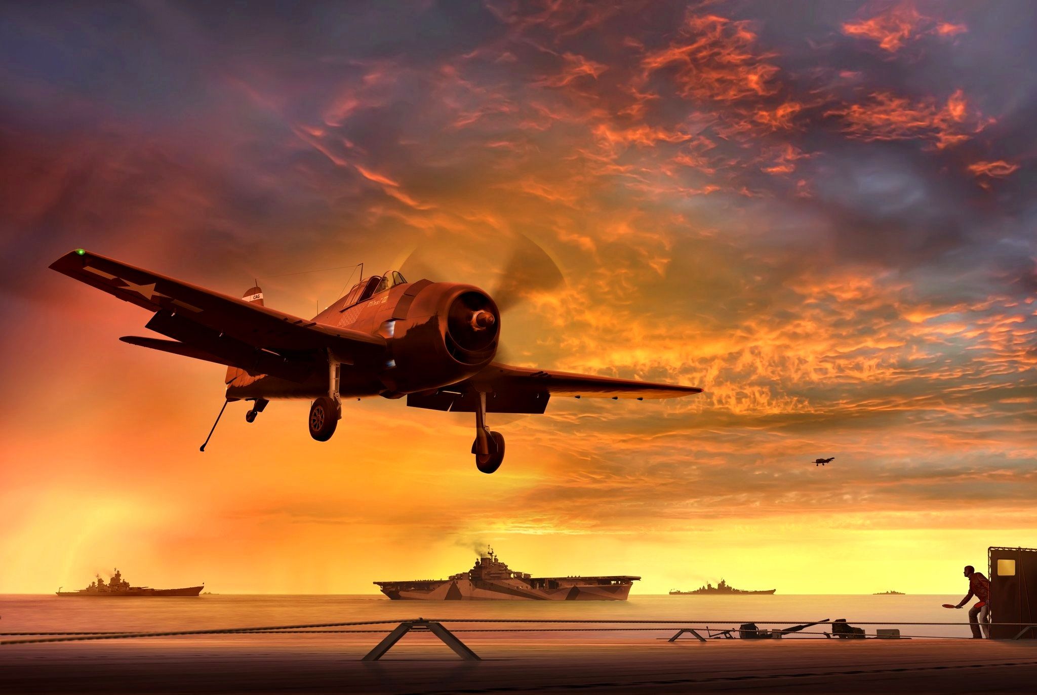 2048x1373 Wallpaper Aviation, Sunset, The Carrier, American, Grumman, Deck, Carrier Based Fighter, WW2 For Mobile And Desktop, Section авиация, Resolution 2048x1373