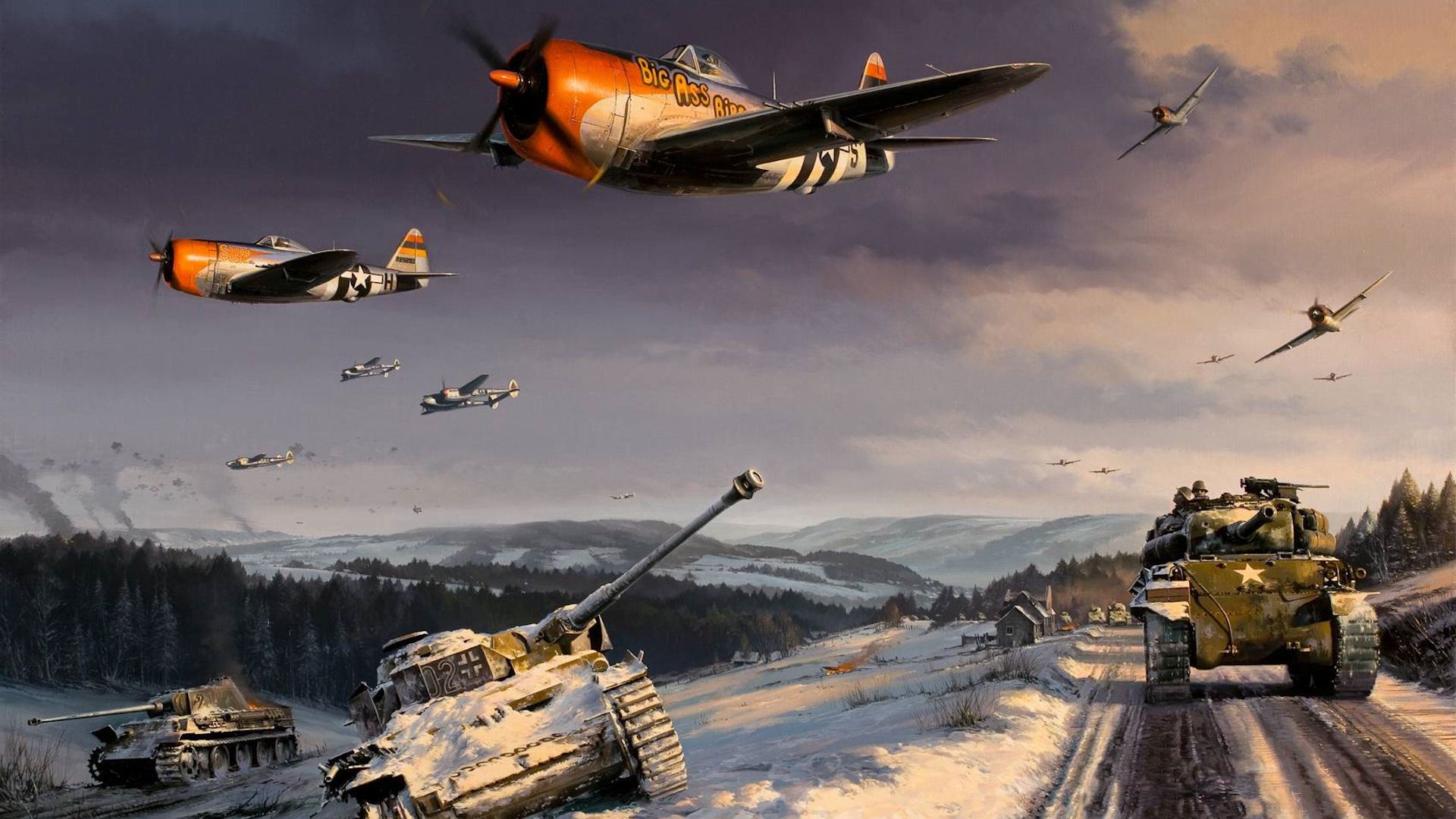 1920x1080 p Thunderbolt, P Lightning, World, War, Ii, Battle, Of, The, Ardennes, Sherman, Art, Drawing, Military, Tanks, Weapons Wallpaper HD / Desktop and Mobile Background