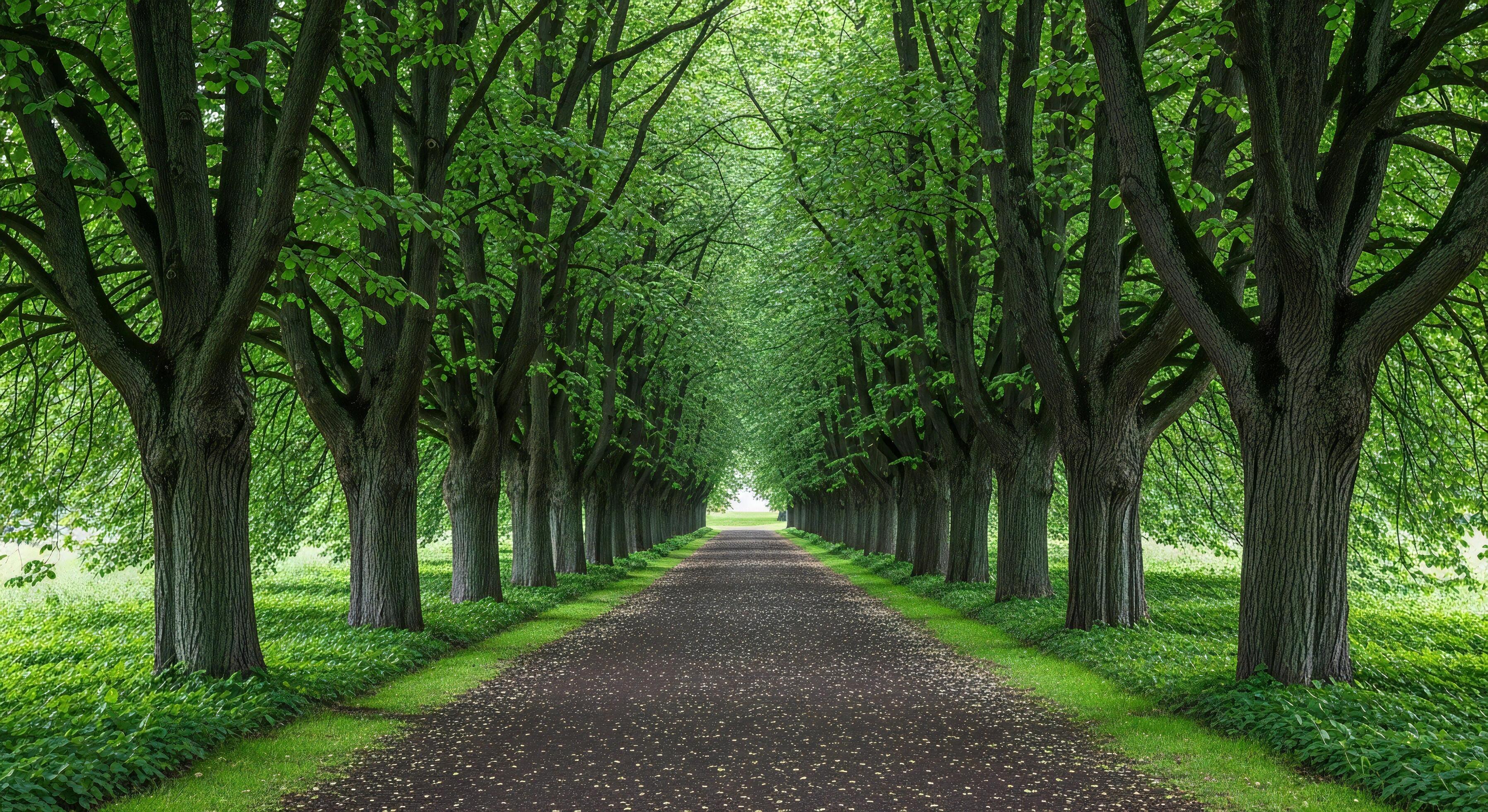3593x1960 Nature background, Nature wallpaper, A symmetrical tree lined avenue with a dark path and lush green grass Nature background