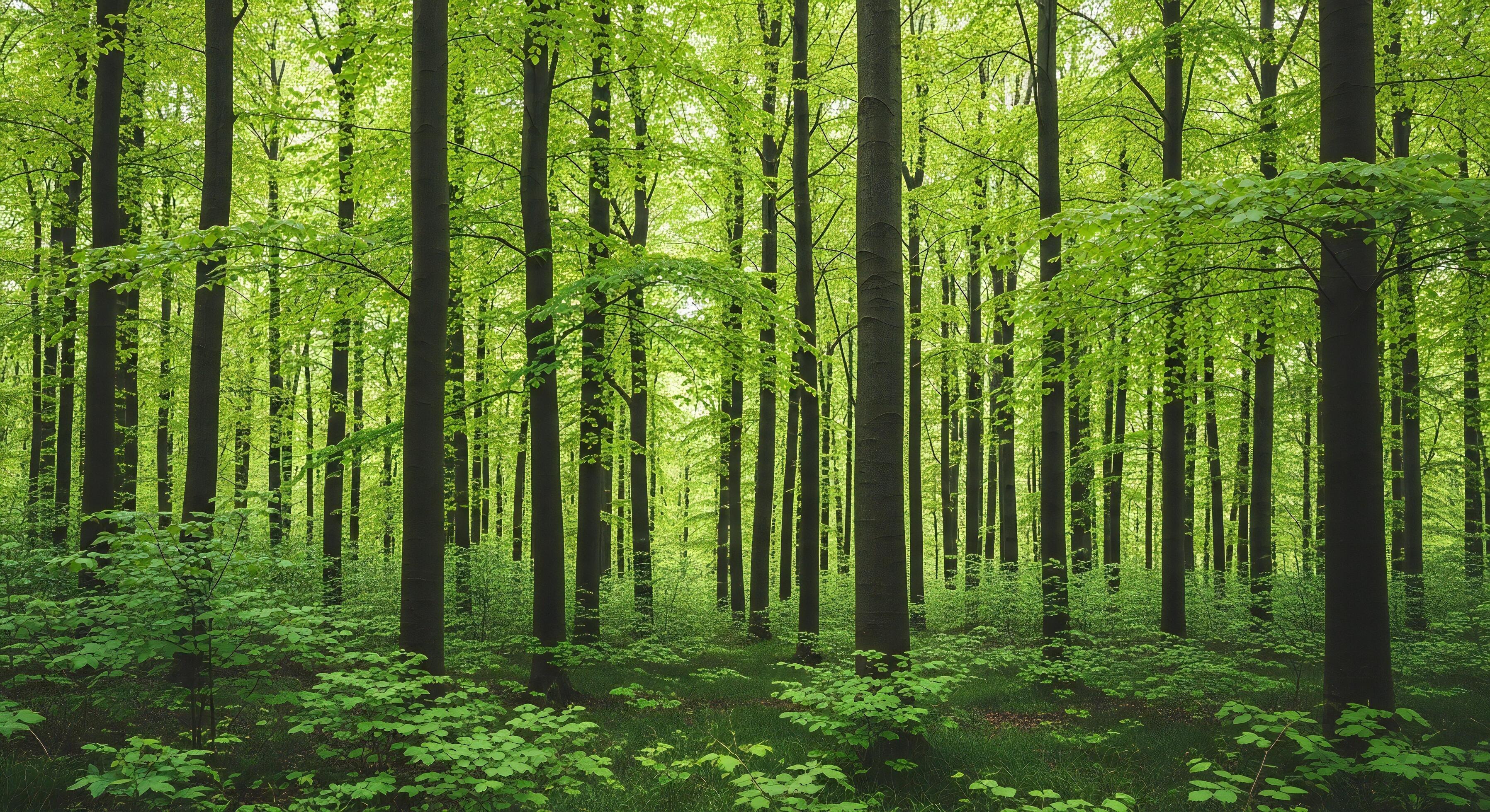 3593x1960 Nature background, Nature wallpaper, Dense forest with tall dark tree trunks and lush green leaves on a bright day
