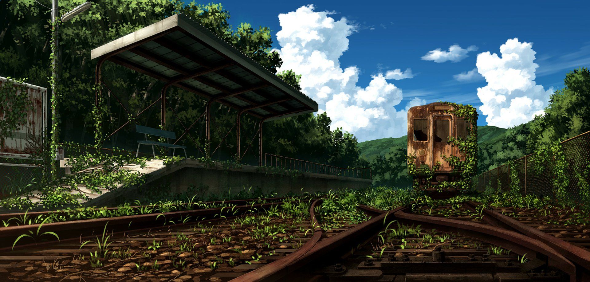 1920x918 Abandoned Anime Train Station HD Wallpaper