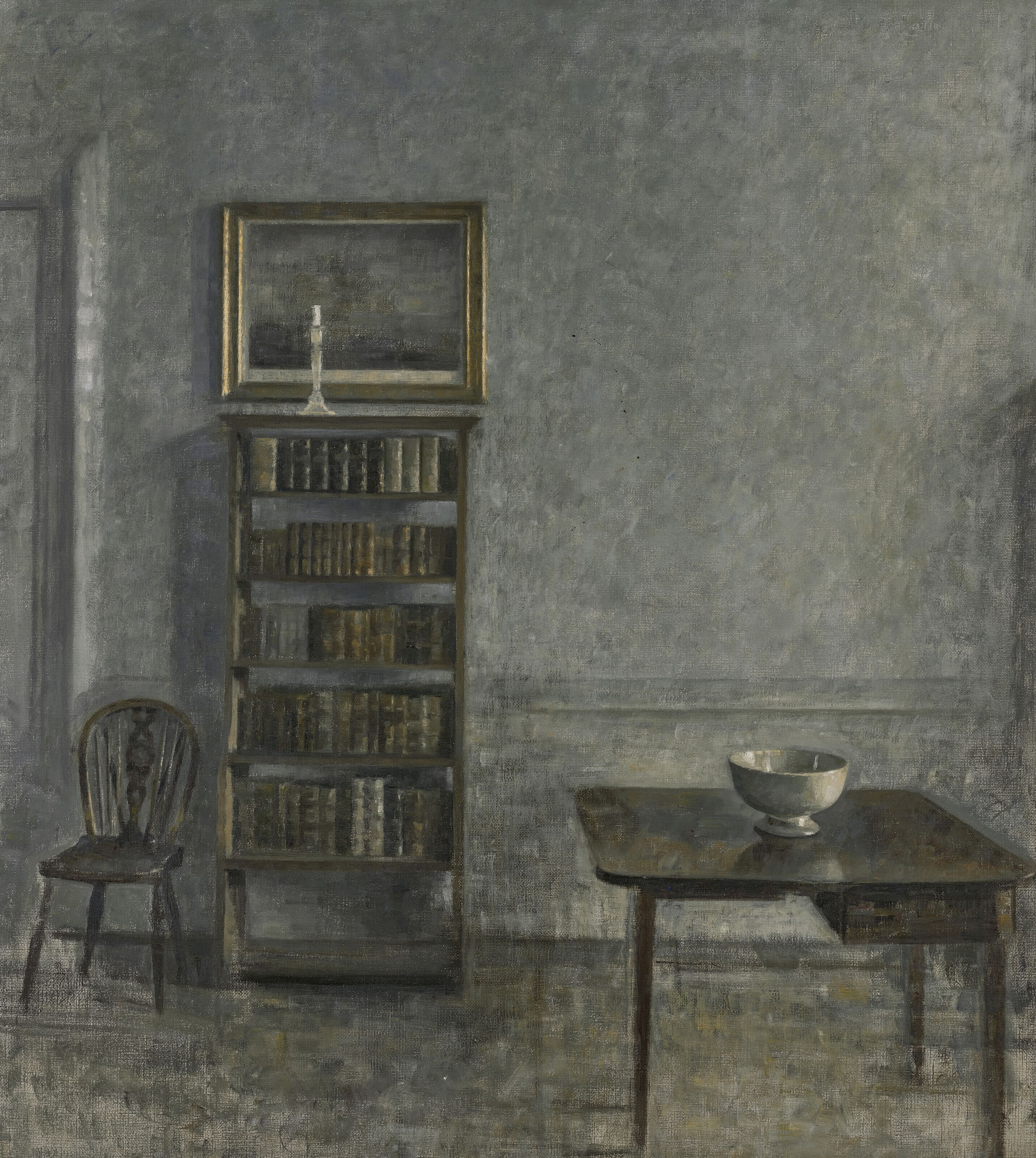 2864x3200 Vilhelm Hammershøi. Interior with a table, bookcase and Windsor Chair, 25 Strandgade
