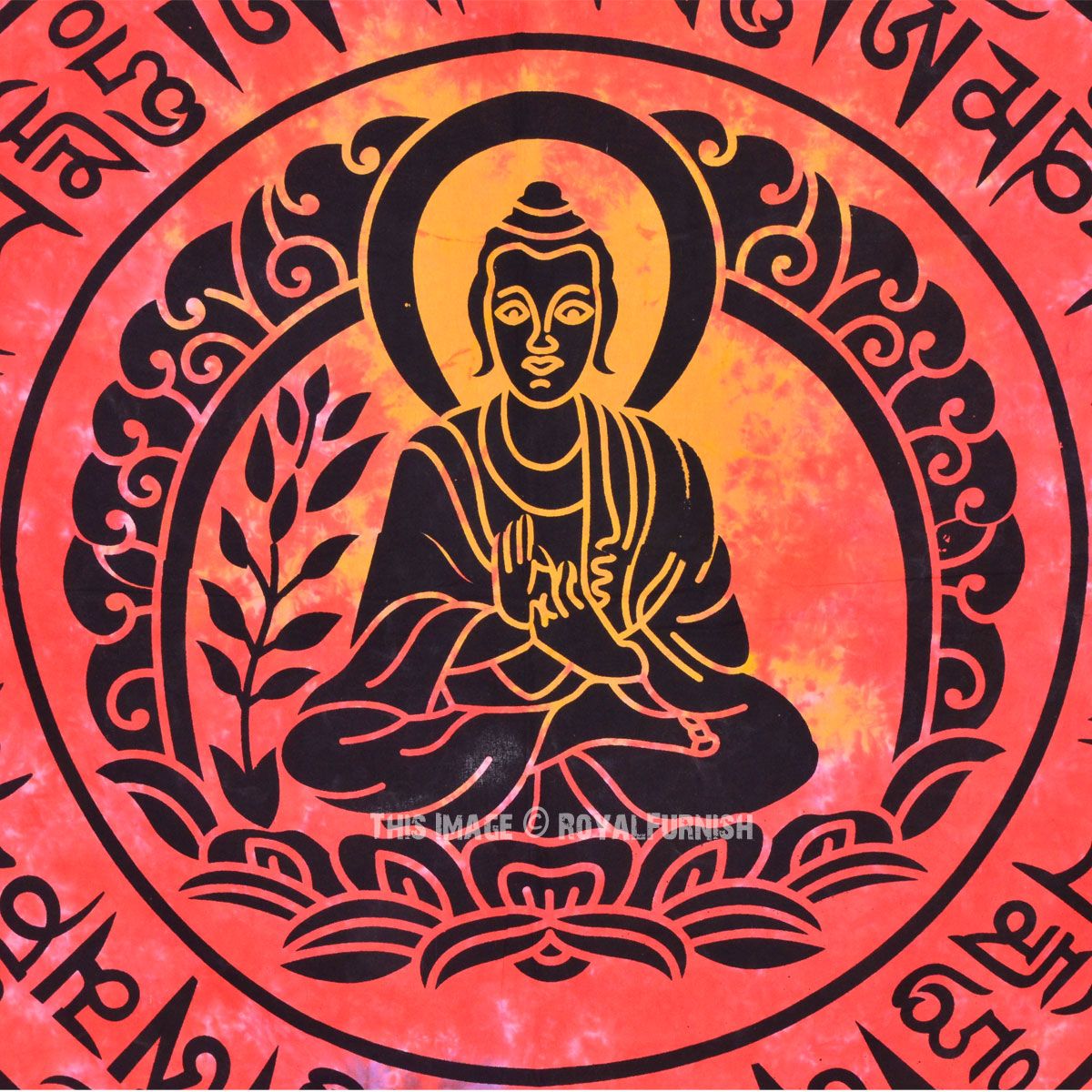 1200x1200 Red OM Buddha Sitting on Lotus Tapestry, Tie Dye Meditation Tapestry Wall Hanging