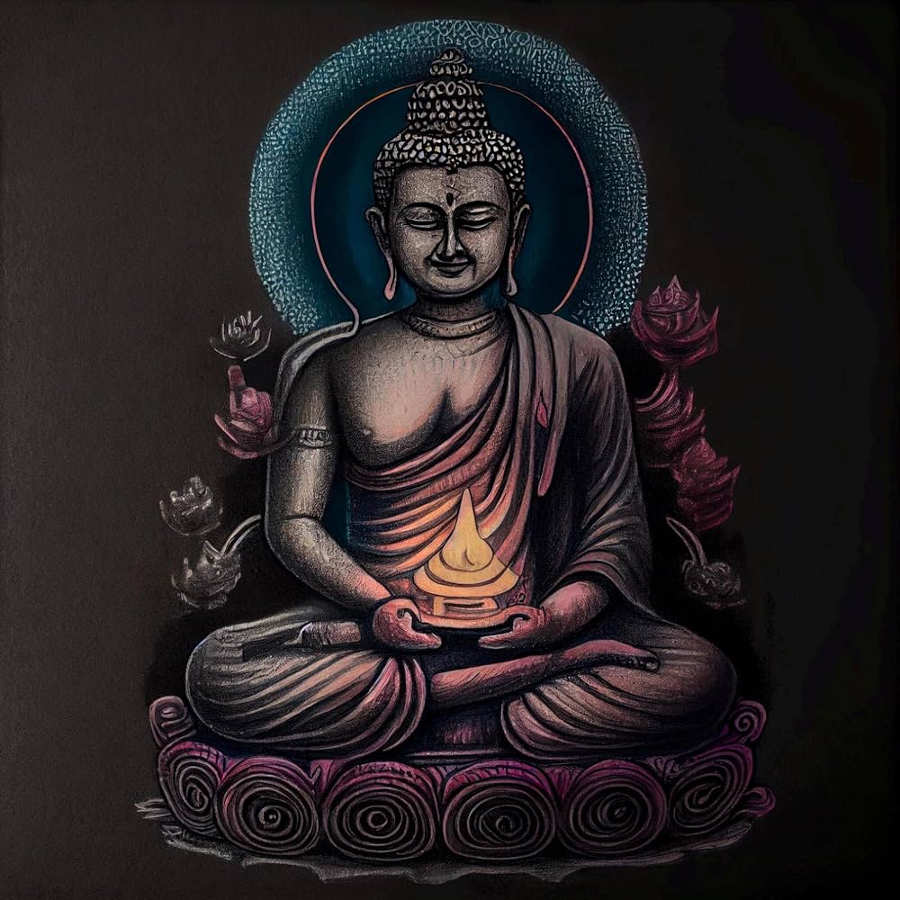 1000x1000 ArtsIndia Divine Serenity A Colored Pencil Sketch of Lord Buddha with Om on Grey Background (Material: Matte, Size: 30 x Style: Framed) : Amazon.in: Home & Kitchen