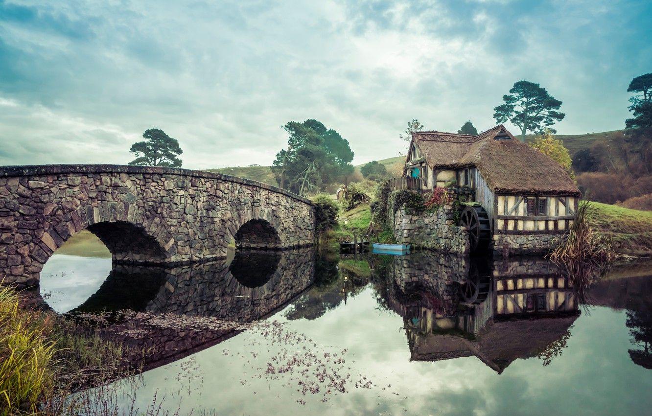 1332x850 Wallpaper landscape, bridge, mill, The Lord Of The Rings, Tolkien, The hobbit, fantasy world, skazak, Hobitton image for desktop, section арт