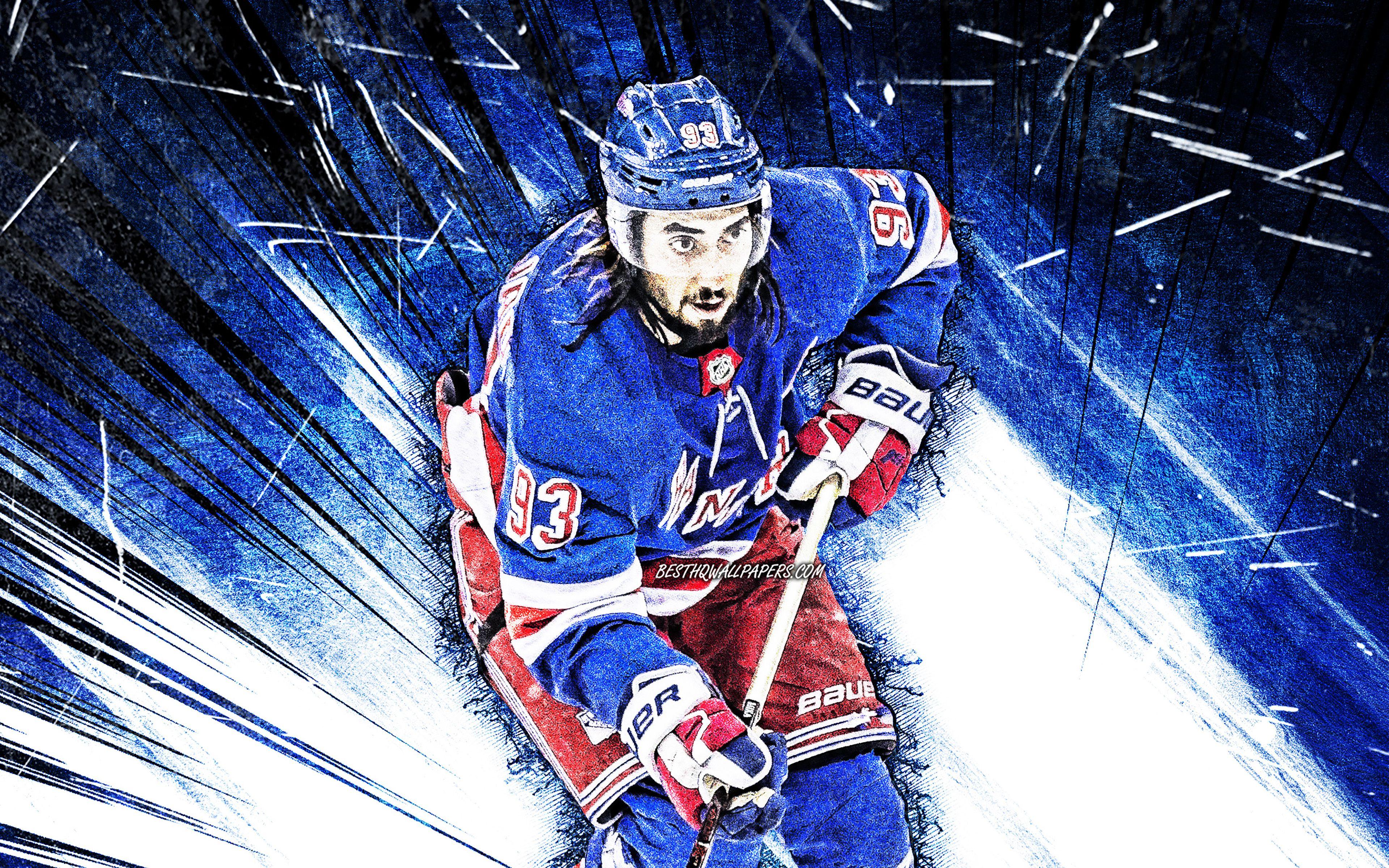 3840x2400 Download wallpaper 4k, Mika Zibanejad, grunge art, NHL, New York Rangers, hockey stars, hockey, blue abstract rays, NY Rangers, hockey players, Mika Zibanejad New York Rangers, Mika Zibanejad 4K for desktop with
