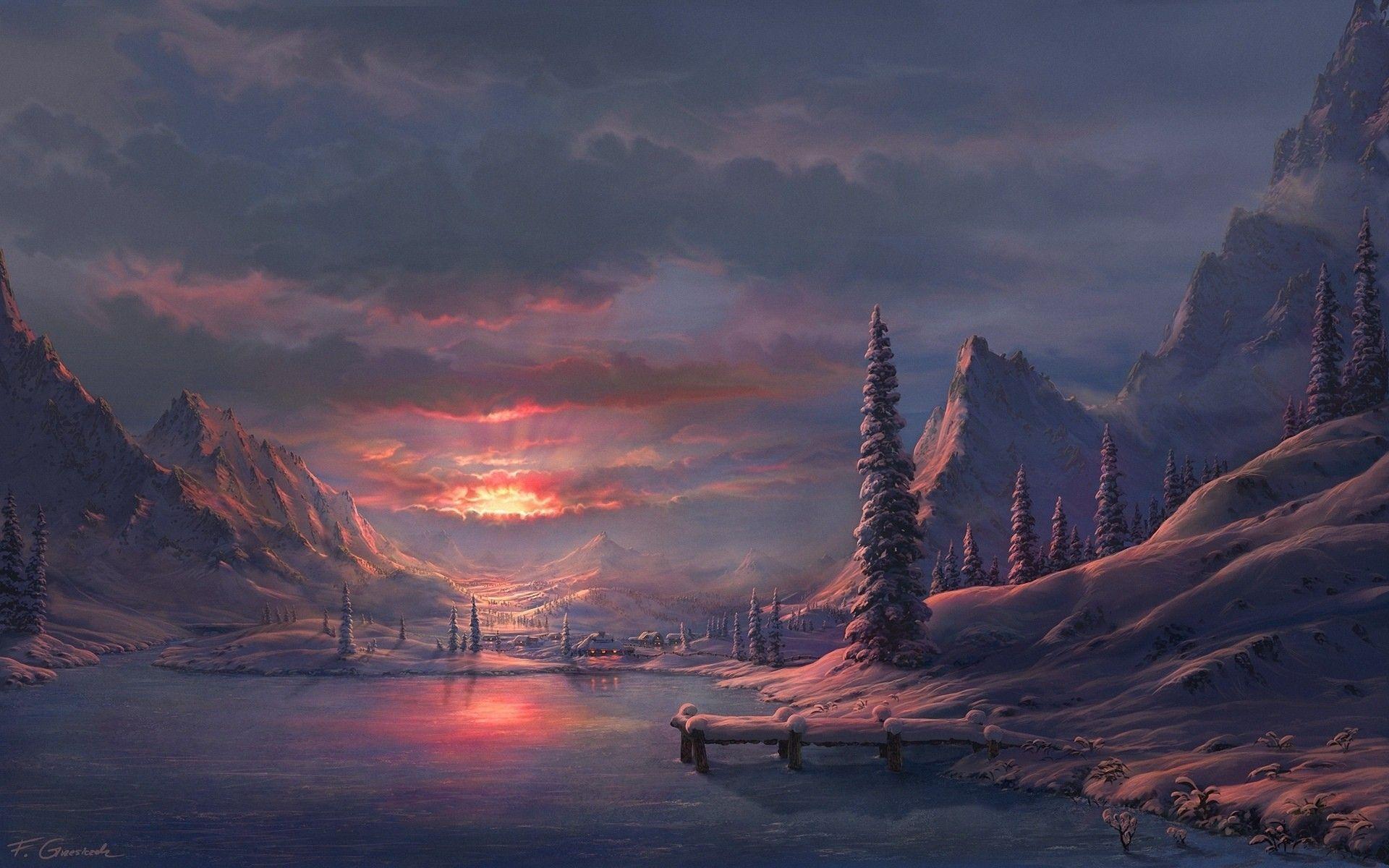 1920x1200 Mountains, Sunset, Artwork, Architecture, Paintings, Snow Sunrise, Sky, Wallpaper For iPhone, Frozen, Clouds, Landscapes, art, Winter, Natur