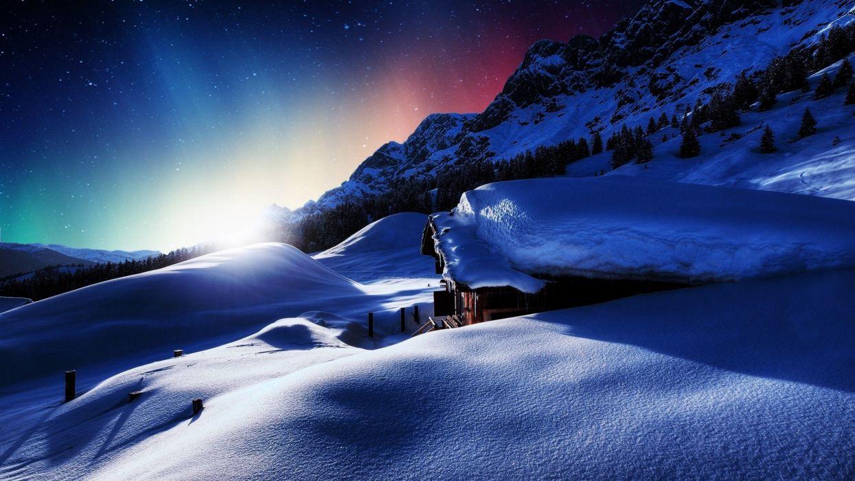 1245x700 Sunset house mountains winter snow landscape wallpaperx1440