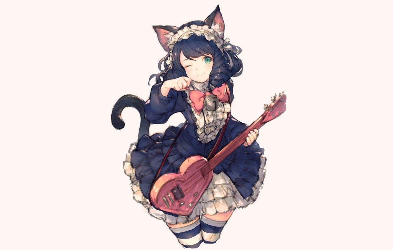 1332x850 Wallpaper cat, guitar, girl, junwool, show by rock, hijirikawa cyan image for desktop, section прочее