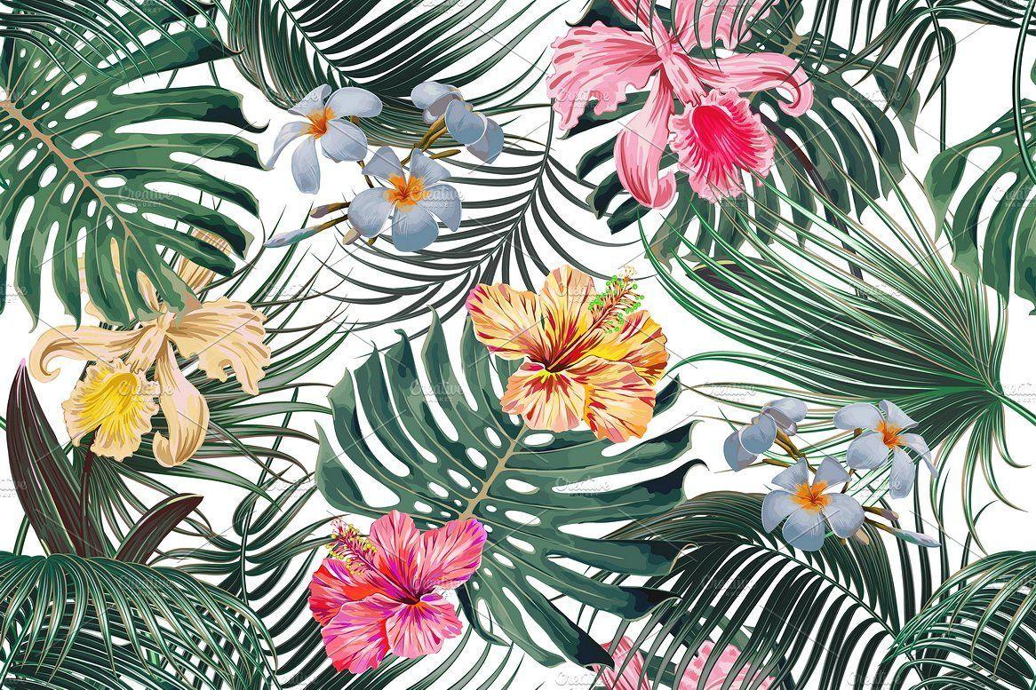 1166x777 Tropical leaves, flowers pattern. Background patterns, Graphic patterns, Graphic design pattern
