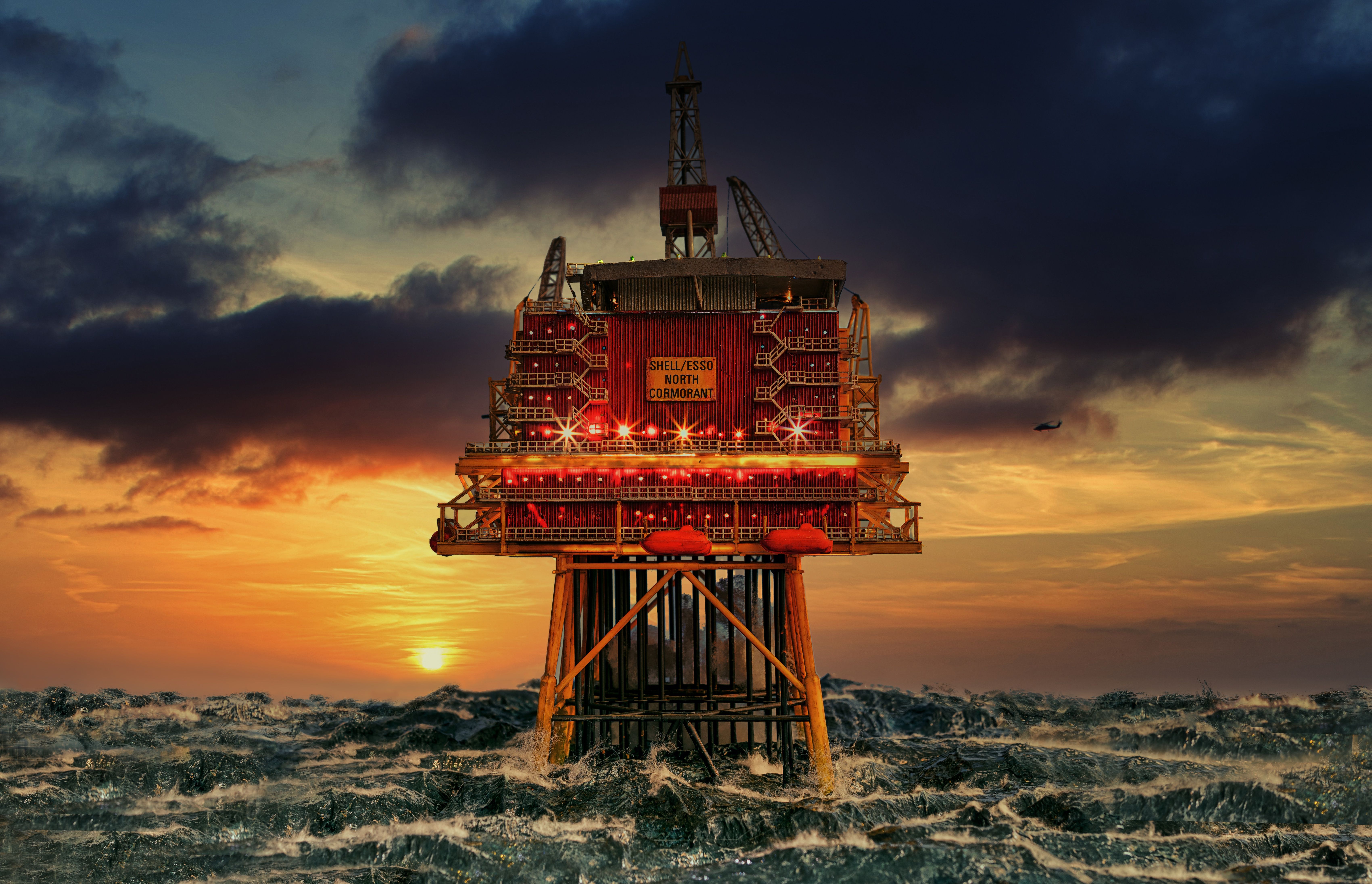 6802x4382 Desktop wallpaper: Oil Platform, Man Made, Sea, Storm, Sunset 4K free download for PC. 999987