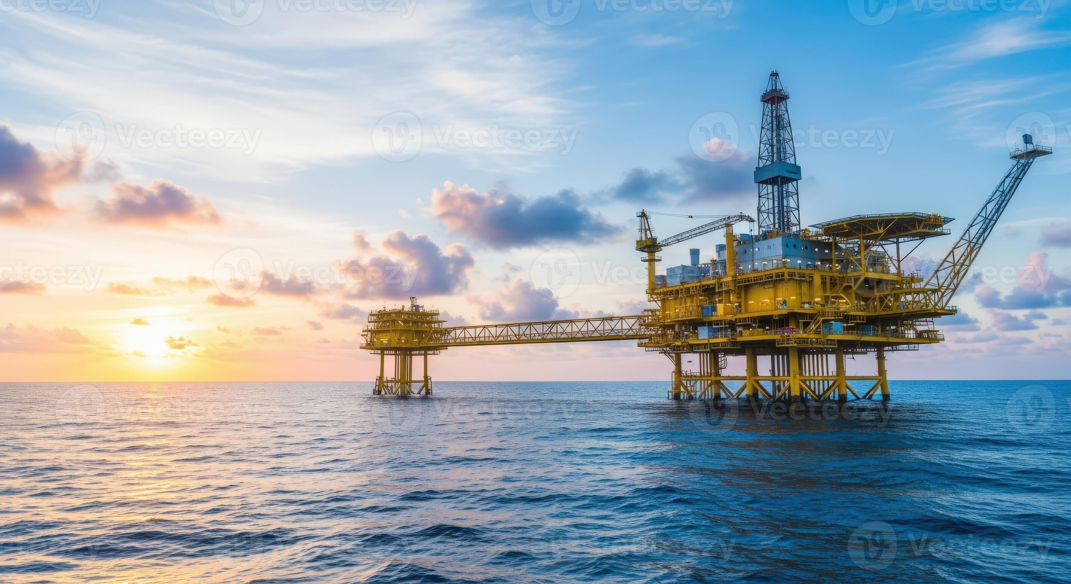 3593x1960 Offshore Oil Rig Platform at Sunset Energy Production in the Ocean with Dramatic Sky