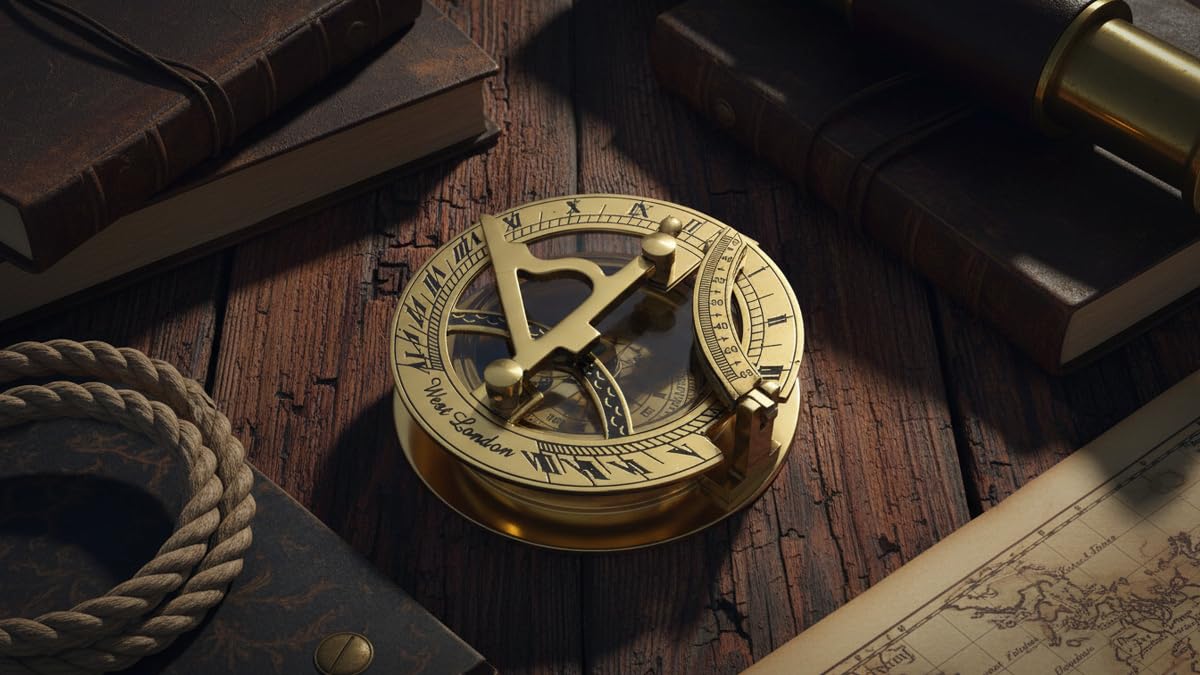1200x675 Sundial Compass with Teak Wood Box Inlaid with Solid Brass Rustic Vintage Home Decor Gifts : Home & Kitchen