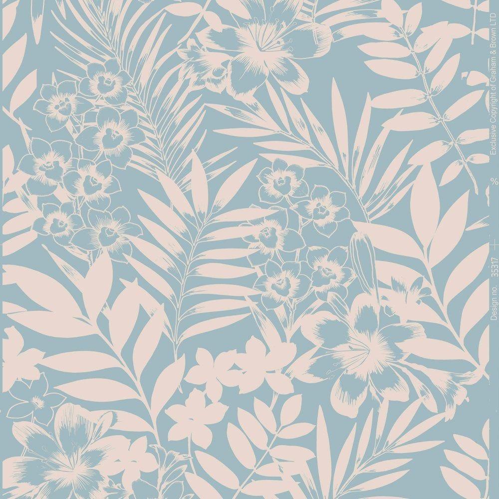 1000x1000 Graham & Brown Boutique Tropical Metallic Ocean Duck Egg Palm Springs Floral Leaf Wallpaper 105141 from Wallpaper Depot UK